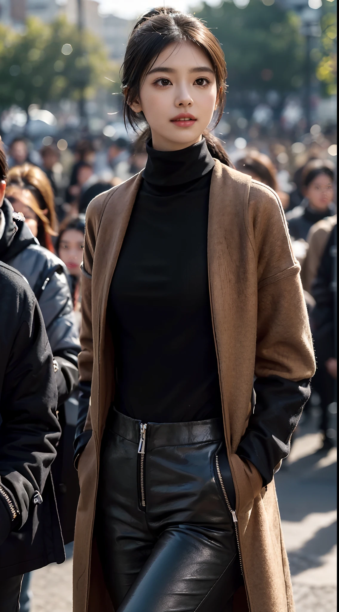 (shoulder length straight short black hair: 1.3), （Extremely meticulous CG 8k wallpaper），（Extremely refined and beautiful），（Masterpiece），（best qualtiy：1.0），（Ultra High Resolution：1.0），beautiful light up，Perfect lightning，realistic shaded，[A high resolution],(Smooth and flawless fair skin:1.5),(shiny skin:1.5),Extremely exquisite facial details,(perfect body：1.1），ultra - detailed,A beautiful girl,small head,(short ponytail:1.2),(Small breasts:1.1),Flat chests，slim，thin，Smile，cheerfulness,(maxi Brown woolen coat:1.5),(dark gray turtleneck T-shirt with zipper:1.4),(black pants:1.3),(Black military bootsSlender:1.2),slender legs,(nightfall:1.5),Sunset light,(Surrounded by a crowded crowd:1.5),At the school gate,standing,upper body,close shot