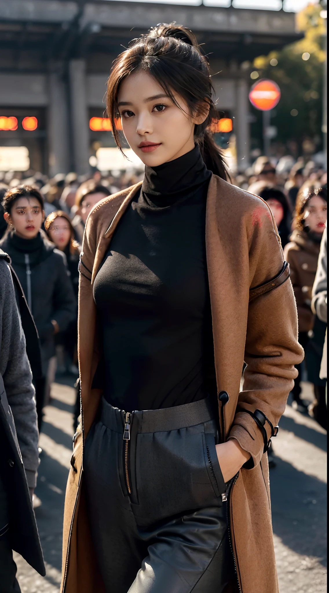(shoulder length straight short black hair: 1.3), （Extremely meticulous CG 8k wallpaper），（Extremely refined and beautiful），（Masterpiece），（best qualtiy：1.0），（Ultra High Resolution：1.0），beautiful light up，Perfect lightning，realistic shaded，[A high resolution],(Smooth and flawless fair skin:1.5),(shiny skin:1.5),Extremely exquisite facial details,(perfect body：1.1），ultra - detailed,A beautiful girl,small head,(short ponytail:1.2),(Small breasts:1.1),Flat chests，slim，thin，Smile，cheerfulness,(maxi Brown woolen coat:1.5),(dark gray turtleneck T-shirt with zipper:1.4),(black pants:1.3),(Black military bootsSlender:1.2),slender legs,(nightfall:1.5),Sunset light,(Surrounded by a crowded crowd:1.5),At the school gate,standing,upper body,close shot