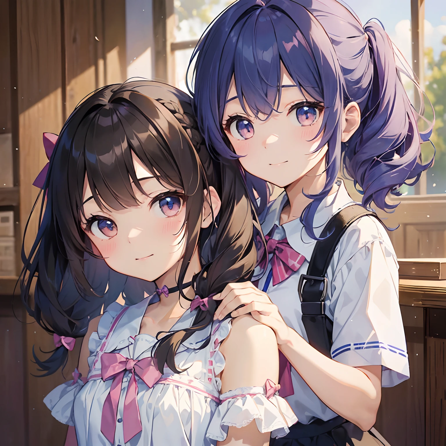 (Highest quality illustrations:1.2),cowboy shot、 (Kawaii Girl:1.1), (2girls), (2girls、15yo student、Lori、Gamine、A tiny、kawaii、cute little、tiny chest、ultradetailed eyes:1.2)、hi-school girl、high-school uniform、A smile、Blake black hair、Blue-haired、Brown hair、extra very short hair、shorth hair、Middle hair、length hair、hair wavy、curlyhair、Light pink and braided hair、hime-cut、bob cuts、Twin-tailed、low twintails、poneyTail、Low ponytail in light blue、 BREAK(top-quality、ultra-detailliert、highly detailed and beautiful、超A high resolution、Detailed arm:1.2)、