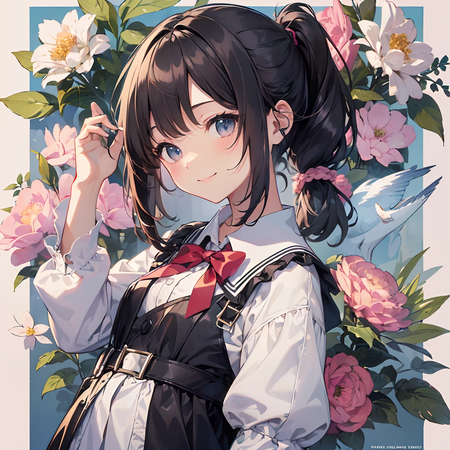 (Highest quality illustrations:1.2),cowboy  shot、 (Kawaii Girl:1.1), (2girls), (2girls、15yo student、Lori、Gamine、A tiny、kawaii、cute little、tiny chest、ultradetailed eyes:1.2)、hi-school girl、high-school uniform、A smile、Blake black hair、Blue-haired、Brown hair、extra very short hair、shorth hair、Middle hair、length hair、hair wavy、curlyhair、Light pink and braided hair、hime-cut、bob cuts、Twin-tailed、low twintails、poneyTail、Low ponytail in light blue、 BREAK(top-quality、ultra-detailliert、highly detailed and beautiful、超A high resolution、Detailed arm:1.2)、