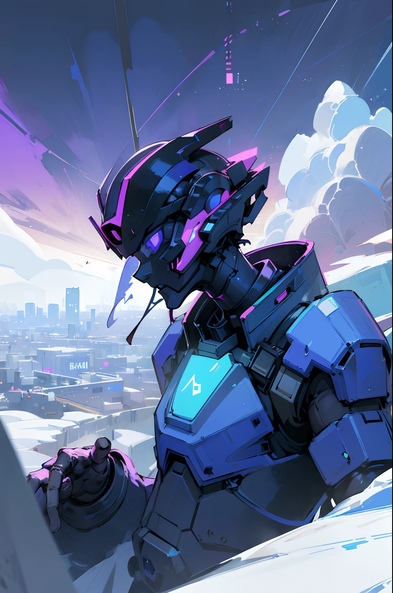 smart bot，With a helmet，cyber punk perssonage，Empty mountain base，Natural plants，Blue-violet tones，Metaverse，Diagonal composition，two point perspective，Sense of space，high qulity，The city of the future，Nature and cities，