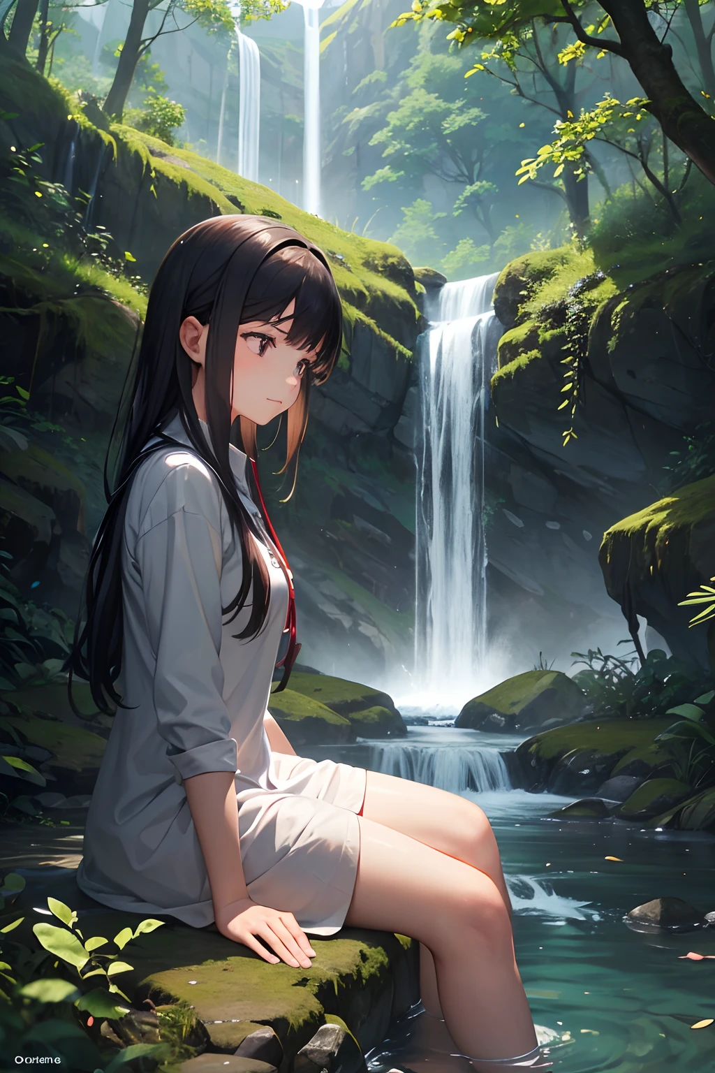 A girl sits in the forest meditating，eye closeds，Faraway view，with a waterfalls，There are rivers