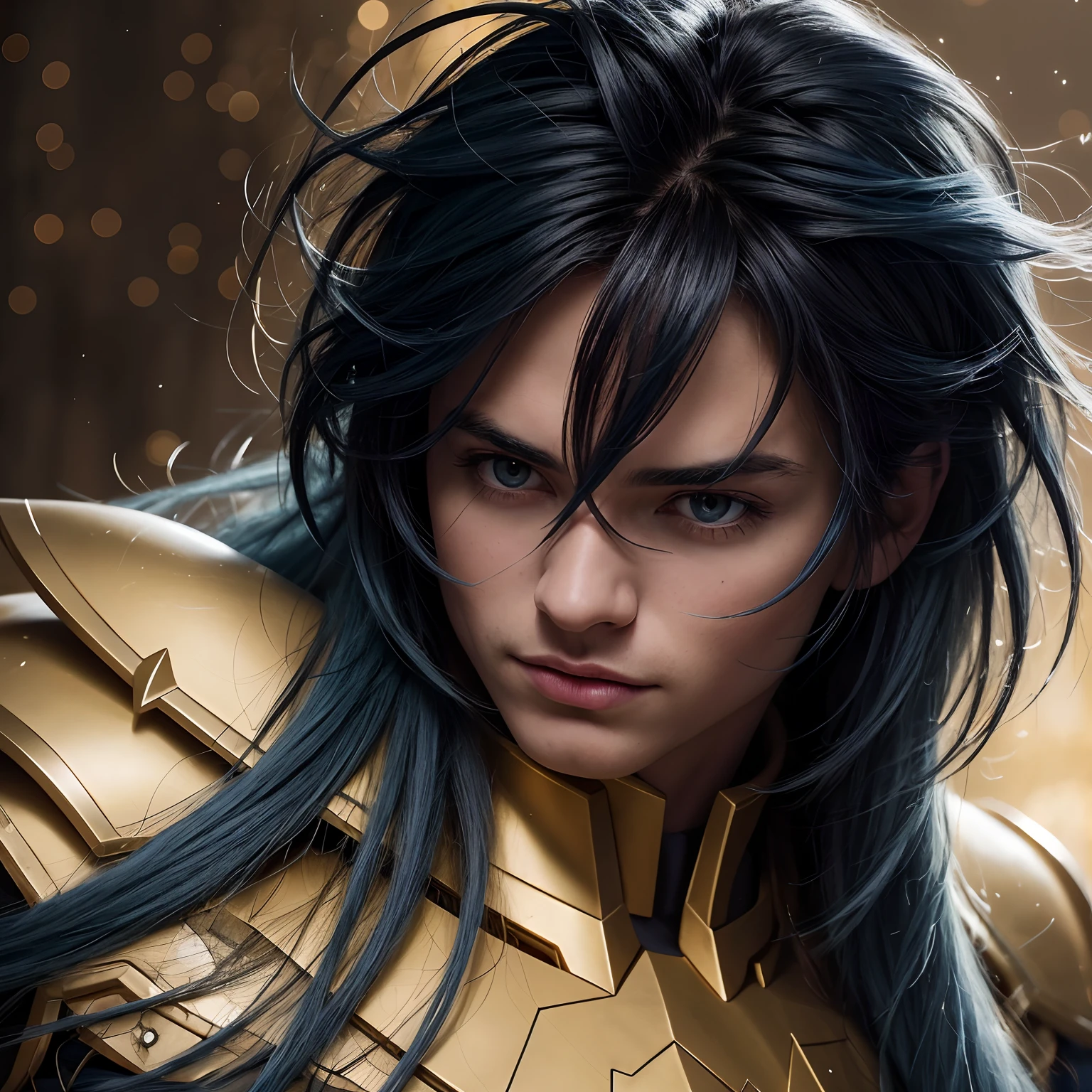 cinemactic, incrivelmente detalhado e ultrarrealista, Camus of Aquarrius Saint Seiya. Close up. He's wearing pretty realistic golden armor. Armadura dourada brilhante. Bright golden armor. Armadura com brilho natural. Octane is the perfect tool to capture the softest details of this 16k photography masterpiece. He is a handsome white man about ((40 years)) old. 1 homen. ((French man)). beautiful face. Rosto detalhado. Nariz bonito. Nariz fino e alongado. (Olhos azuis muito grandes). olhos perfeitos. ((depilado)). Strong expression. He has long (light blue) hair. messy hair with bangs. messy hair. Pelas de rosas flutuando em torno ele. Landscape starry sky.