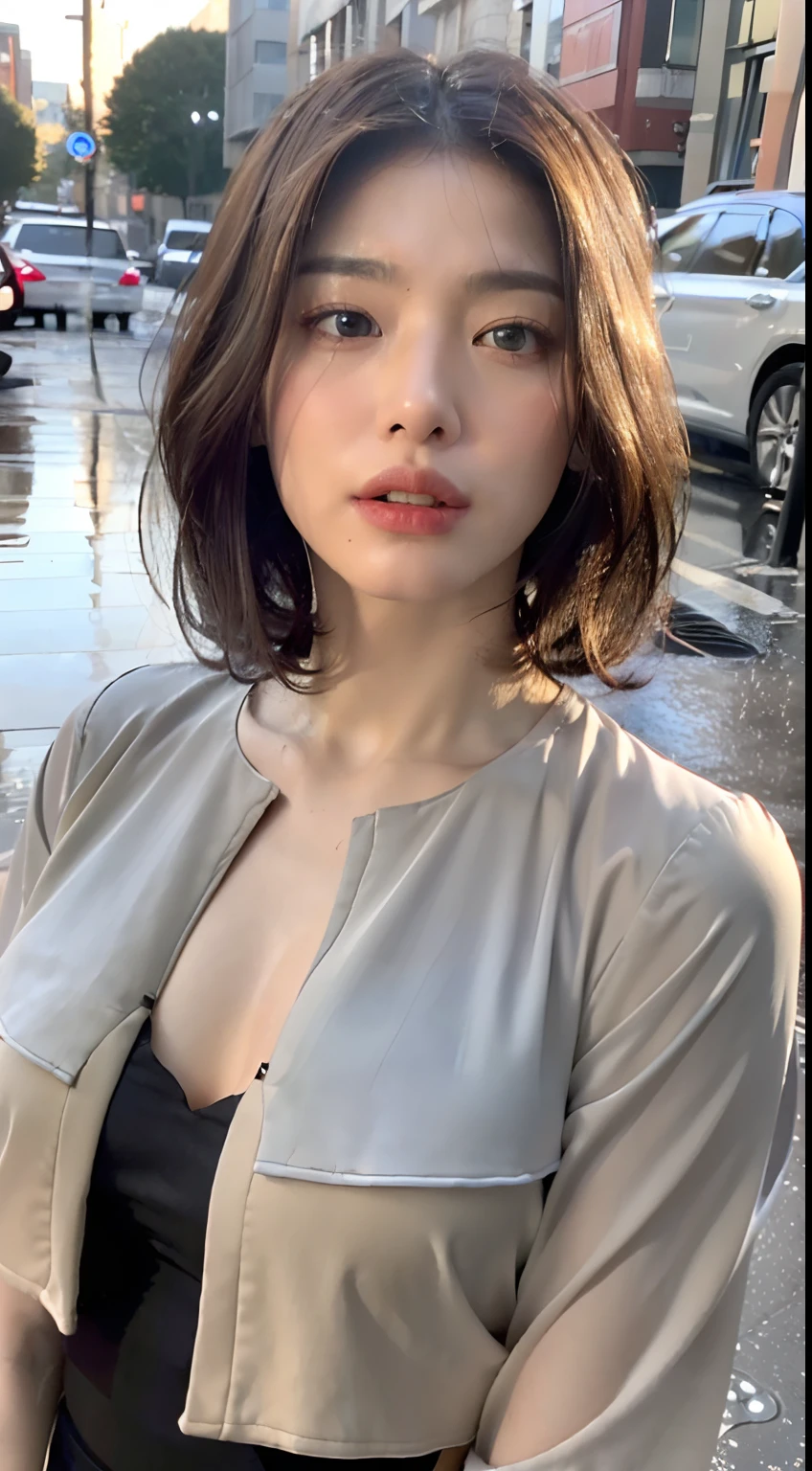 ((Bestquality, 8k, a masterpiece:1.3)), Focus:1.2, Perfect body beauty:1.4, buttocks:1.2, ((Cut hair in layers, Normal chest:1.2)), , (Rain, Street:1.3), JK dress:1.1, Highly detailed facial and skin texture, Detailed Eyes, Double eyelidd，Whiten skin，length hair,(Round face:1.5)