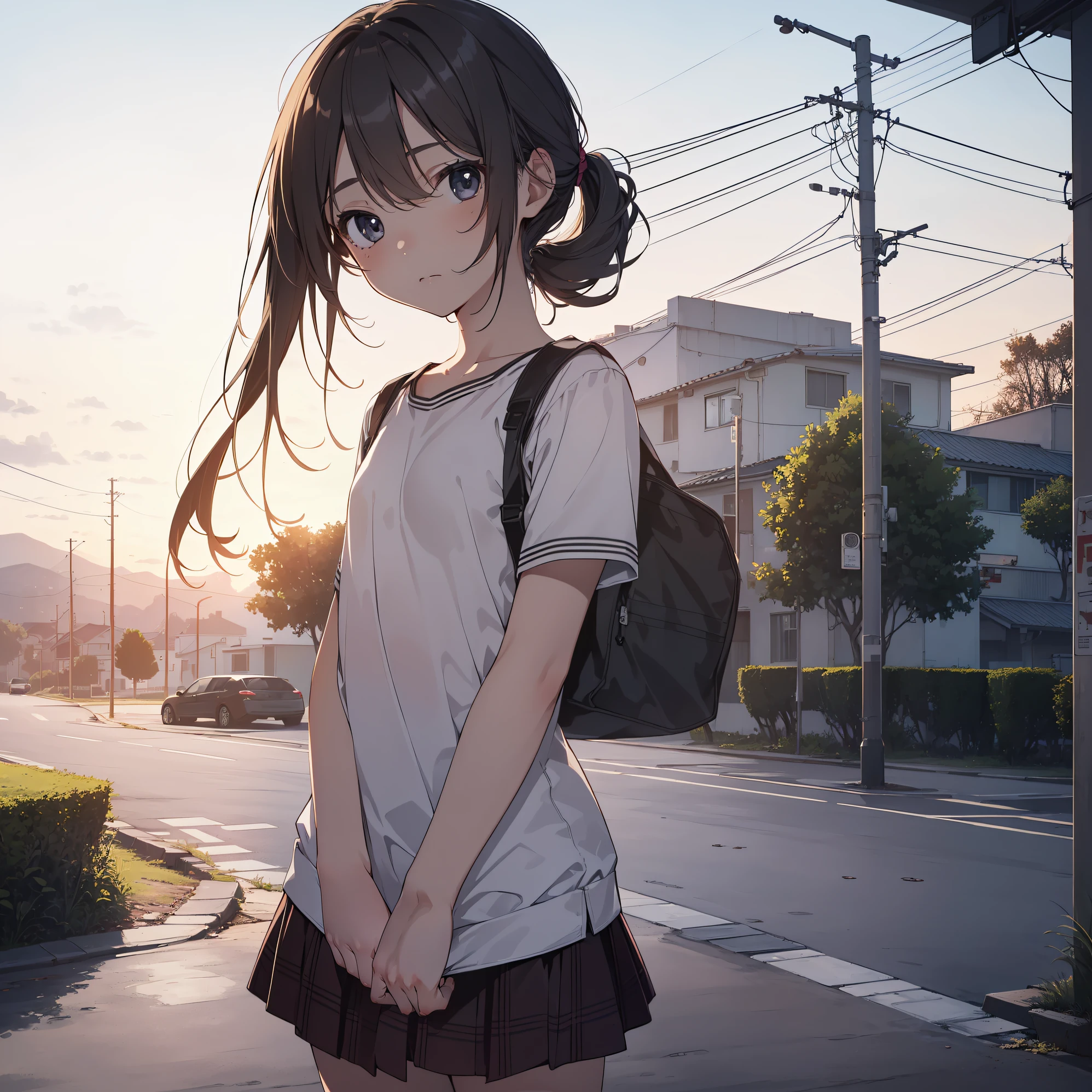 Top Quality,high resolution,1girl,kawaii,(solo,loli face,9 years old:1.5),a junior high school student, low ponytail,Full limbs,complete fingers,flat chest, Small butt,Small eyes,Beautiful detailed black eyes,groin,tank top,shorts,(Detailed Lighting), (Detailed background), (rural road),nsfw,