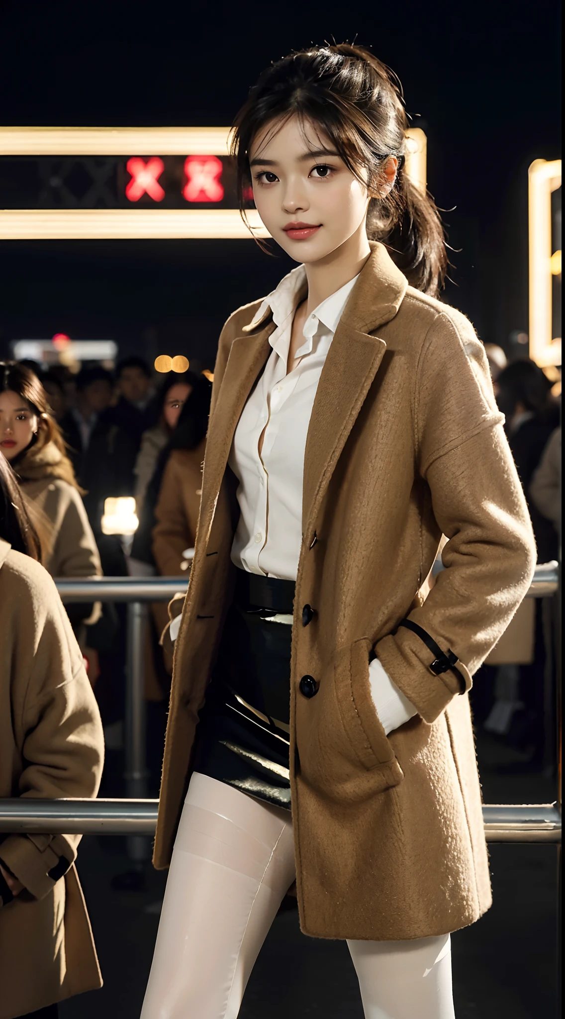 (shoulder length straight short black hair: 1.3), （Extremely meticulous CG 8k wallpaper），（Extremely refined and beautiful），（Masterpiece），（best qualtiy：1.0），（Ultra High Resolution：1.0），beautiful light up，Perfect lightning，realistic shaded，[A high resolution],(Smooth and flawless fair skin:1.5),(shiny skin:1.5),Extremely exquisite facial details,(perfect body：1.1），ultra - detailed,A beautiful girl,small head,(short ponytail:1.2),(Small breasts:1.1),Flat chests，slim，thin，Smile，cheerfulness,(maxi Brown woolen coat:1.5),(white collared shirt:1.4),(black pantyhose:1.3),(high heels:1.2),slender legs,(nightfall:1.5),Sunset light,(Surrounded by a crowded crowd:1.5),At the school gate,standing,upper body,close shot