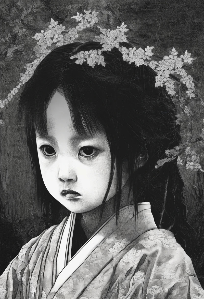Japan 6-year-old daughter with dark black hair and dark black eyes in kimono