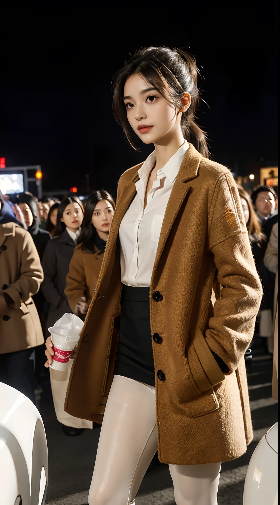 (shoulder length straight short black hair: 1.3), （Extremely meticulous CG 8k wallpaper），（Extremely refined and beautiful），（Masterpiece），（best qualtiy：1.0），（Ultra High Resolution：1.0），beautiful light up，Perfect lightning，realistic shaded，[A high resolution],(Smooth and flawless fair skin:1.5),(shiny skin:1.5),Extremely exquisite facial details,(perfect body：1.1），ultra - detailed,A beautiful girl,small head,(short ponytail:1.2),(Small breasts:1.1),Flat chests，slim，thin，Smile，cheerfulness,(maxi Brown woolen coat:1.5),(white collared shirt:1.4),(black pantyhose:1.3),(high heels:1.2),slender legs,(nightfall:1.5),Sunset light,(Surrounded by a crowded crowd:1.5),At the school gate,standing,upper body,close shot