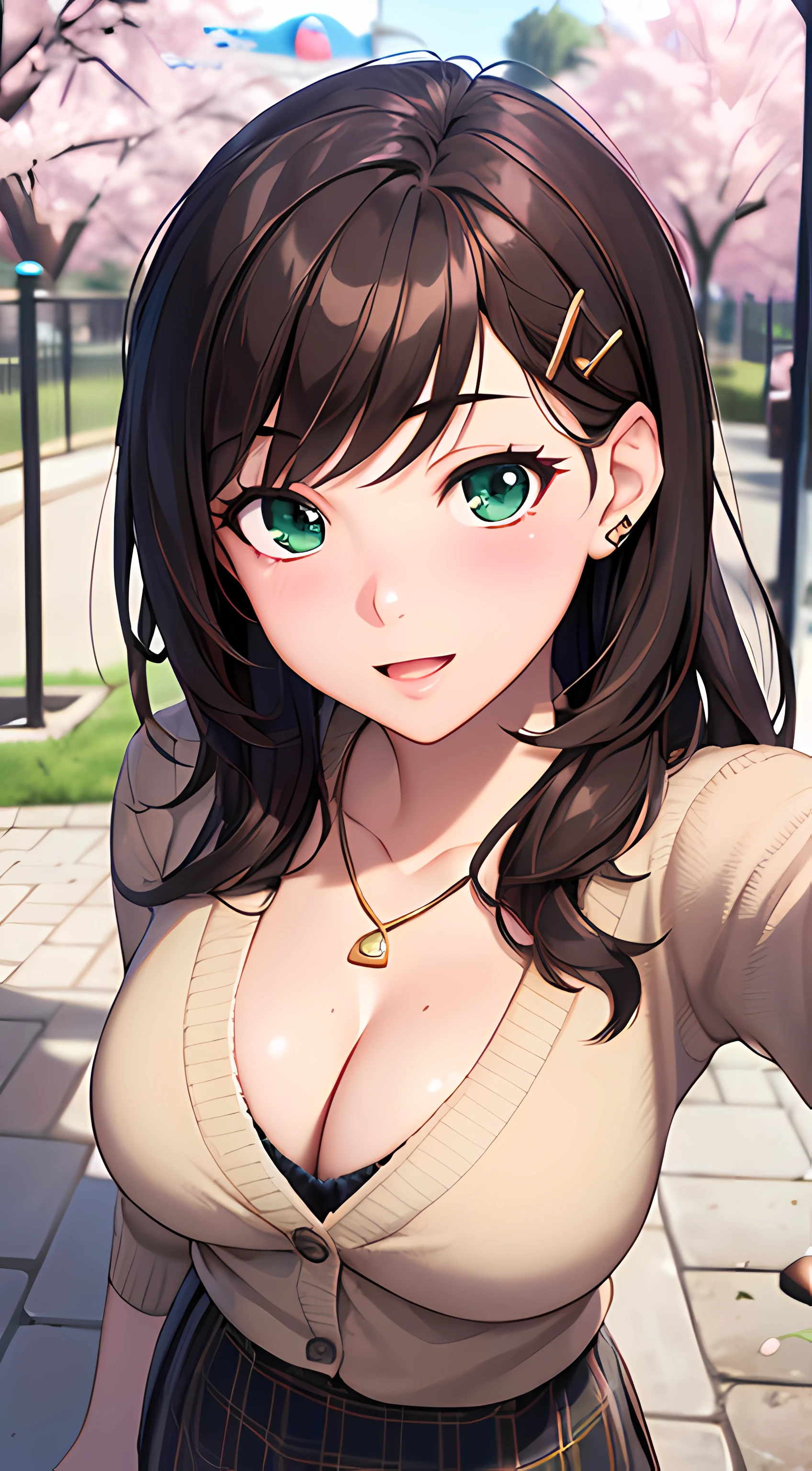 ((masterpiece, best quality, highres, UHD, perfect pixel, depth of field, 4k, RTX, HDR)), 1girl, single, solo, beautiful anime girl, beautiful artstyle, anime character, ((long hair, bangs, brown hair, hair pin)), (green eyes:1.4, rounded eyes, beautiful eyelashes, realistic eyes), (detailed face, blushing:1.2), (smooth texture:0.75, realistic texture:0.65, photorealistic:1.1, anime CG style), medium breasts, cleavage:0.4, (selfie, pov, close up, looking to viewer), perfect body, (white sweater, cardigan sweater, gold necklace), ((black skirt:1.5, plaid skirt)), sly smile, open mouth, amusement park, outdoor, cherry blossoms