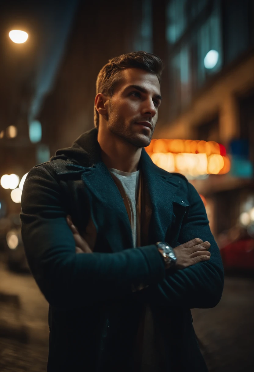 Retrato fotorrealista de una estrella de cine en un entorno urbano. masculino, pelo corto, sin afeitar, Aspecto inteligente.
