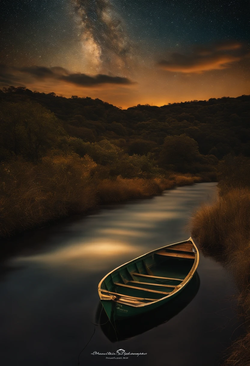 The boat goes back and forth quietly,The coast of Mades,night under the starry sky,Give it to Van Gogh to ignite,The dream is too short-lived,Shouted from the Munk Bridge, hight contrast, back lit lighting, florals, glittery, color difference, foco nítido, original color photo