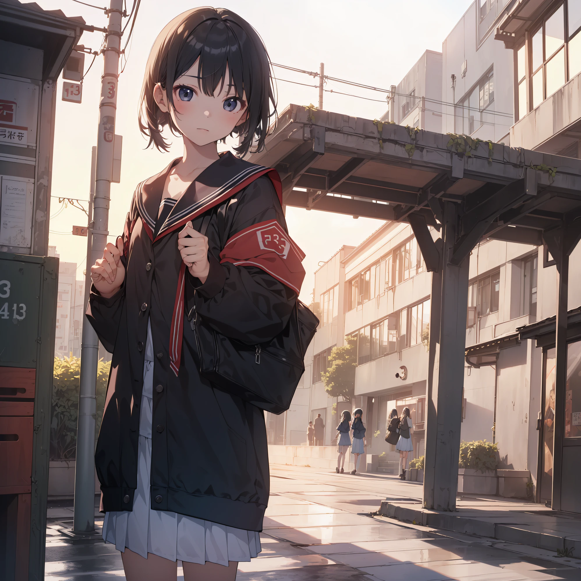 top-quality,high resolution,(One girl is Japan),(Solo,loli face,13 years old:1.5),a junior high school student, shorthair,Full limbs,complete fingers,flat chest, Small butt,groin,Beautiful detailed black eyes, School uniform,(Detailed Lighting), (Detailed background), (school rooftop),