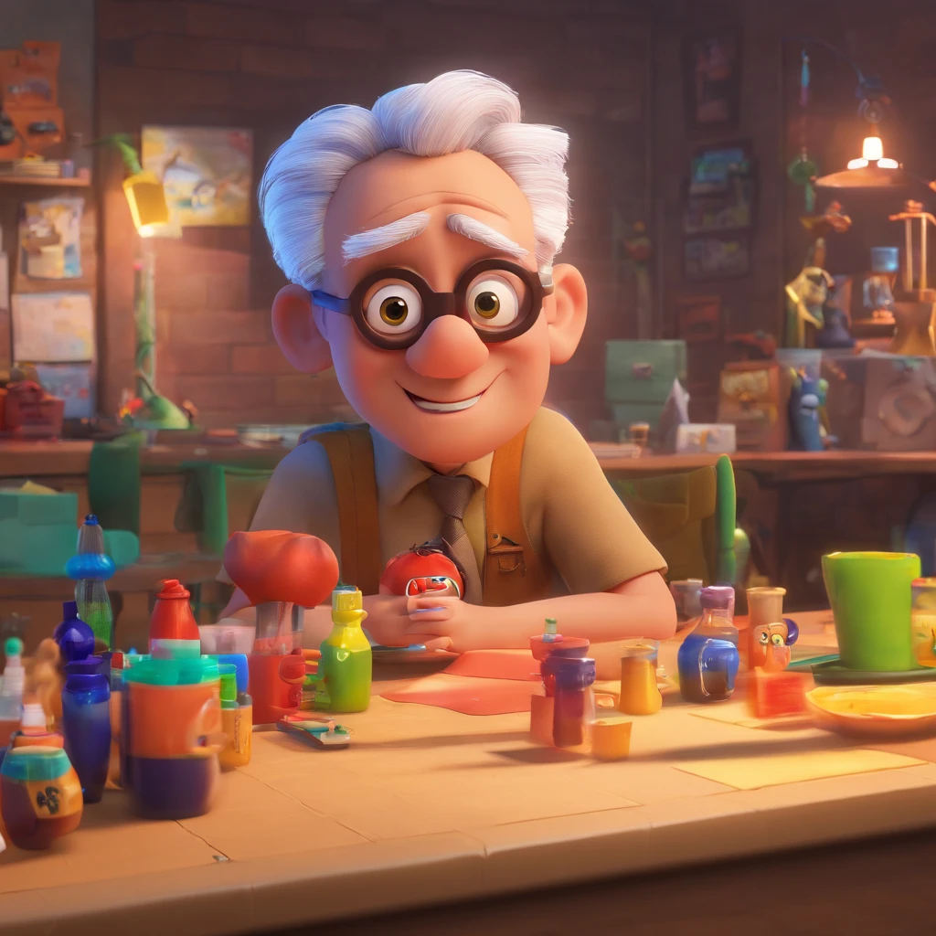 Create a poster inspired by Disney Pixar with the character being deputy Keniston Braga, a man with white hair wearing glasses, the scene will be in Pixar's distinctive digital art style. Focusing on the character's expressions, vibrant colors and detailed textures characteristic of his animations, with the title " Keniston Braga in the middle, I want the scene from PIXar's main films
