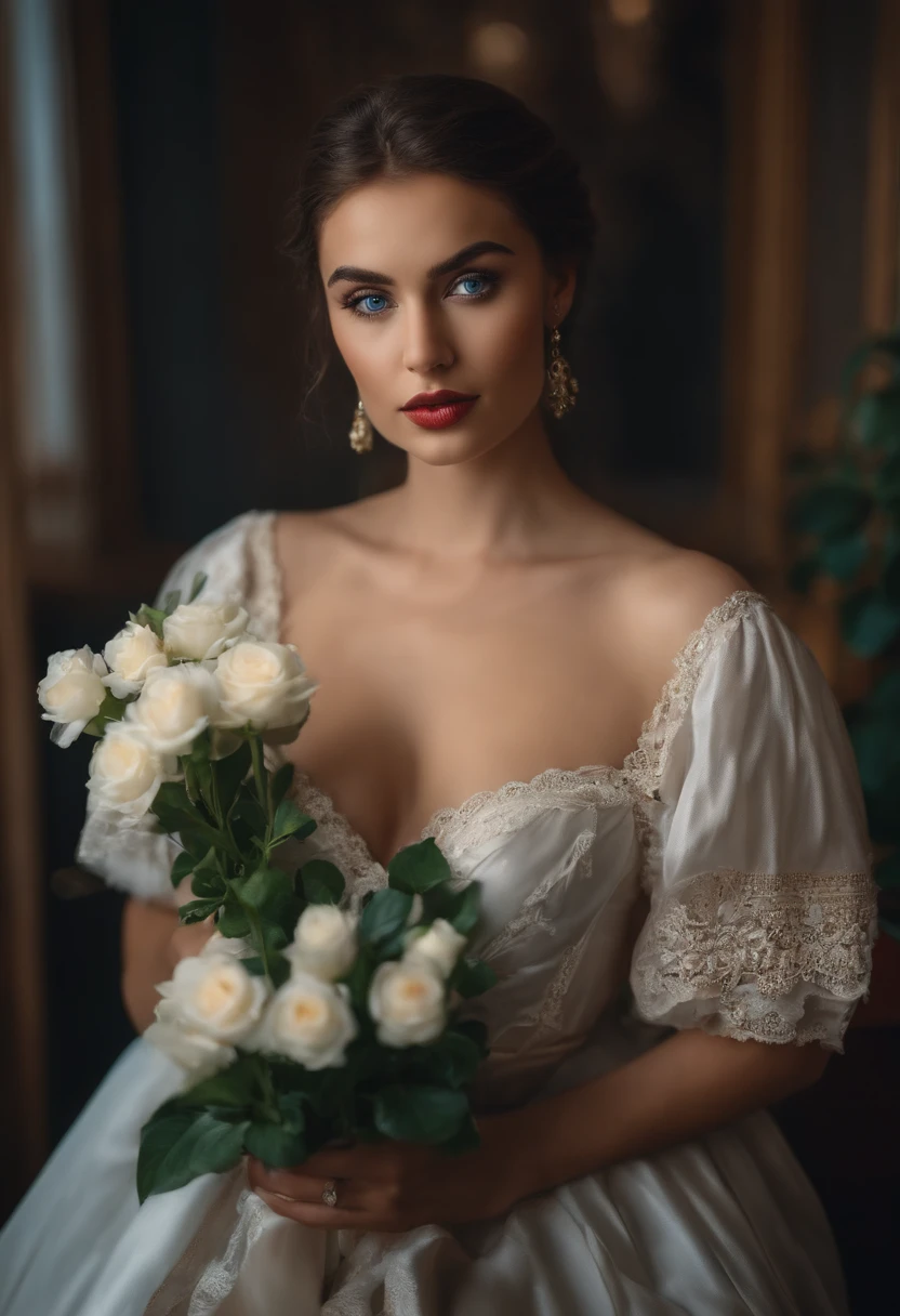 beautiful, 24 year old, romanian woman, dressed in old money 90's style, with a white flower in her hands, big bust, natural charachteristicks, blue eyes, hyper realistic, looking directly into the camera, in an apartment