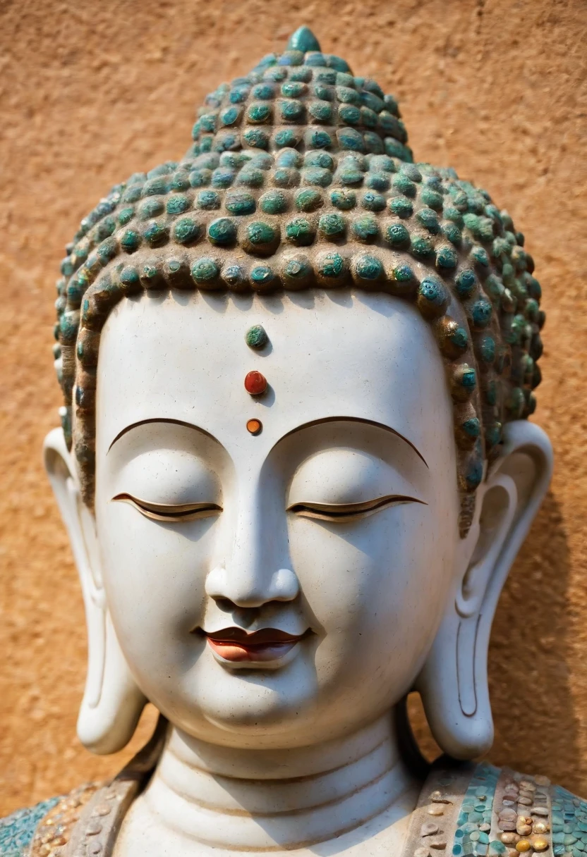 a close up of a buddha statue made of many different colored tiles, the buddha, buddha, buddhism, a mosaic, mosaic, by Jakob Gauermann, buddhist, by Sam Dillemans, master piece, buddhist art, cloisonnism, zen, photo mosaic, by Briana Mora, by Judith Gutierrez, by Luis Miranda, serene, artist unknown