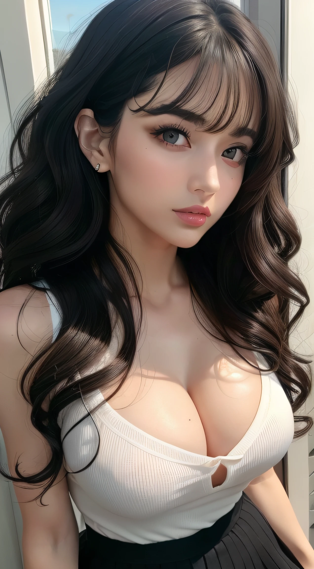 beautiful women, adult women, masterpiece, best quality, ultra detailed, photo realistic, shiny eyes, detailed face, collarbone, beautiful eyes, green eyes, detailed eyeshadows, black hair, lip gloss, pink lip, makeup, sexy, breast, (attractive:1.5), (bangs:1.3), (shiny skin:1.1), sharp focus, puffy eyes, (kpop idol:1), (wavy hair:1.5), full body, (long hair:1), wearing black shirt, sexy black skirt, white shoes, (beautiful:1.5)