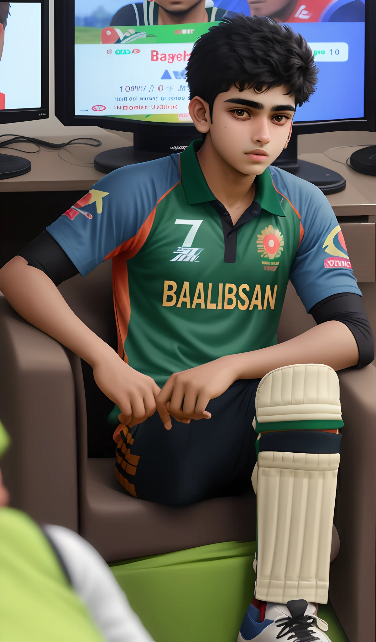 17 years old boy is watching Bangladesh cricket match on TV. the boy's name is Rakib and jersey number 75 is written on the jersey.