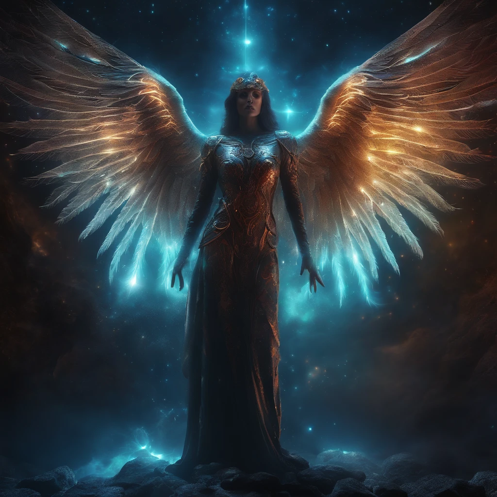 Cosmic Fallen Angel, glowing light eyes, Biomechanical, eerie, Creepy, nightmarish, Very bright colors, Light particles, with light glowing, Mshiv, wallpaper art, UHD wallpaper