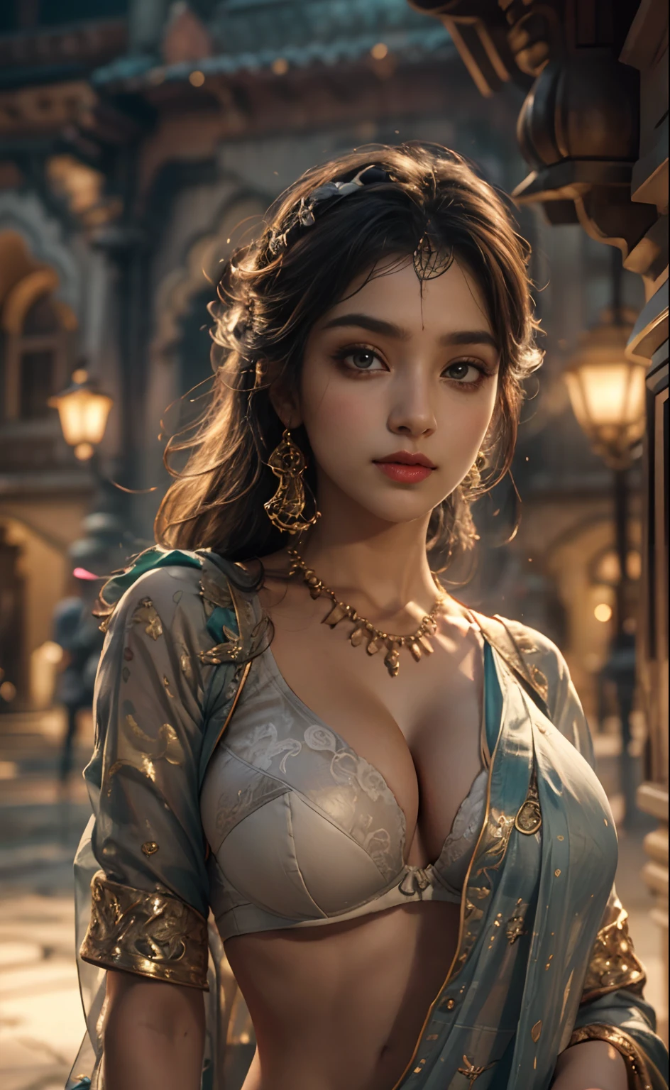walking in a moonlit courtyard, exotic girl, indian, looking at the viewer, shining skin, perfect lighting, the embodiment of grace and elegance, (saree and bra), (Big Tits:1.5), cleavage, clear curvy details, beautiful curves, detailed eyes, detailed pupil, volumetric lighting, Ultra Detailed, unity 8k wallpaper, ultra detailed, aesthetic, masterpiece, best quality, photorealistic