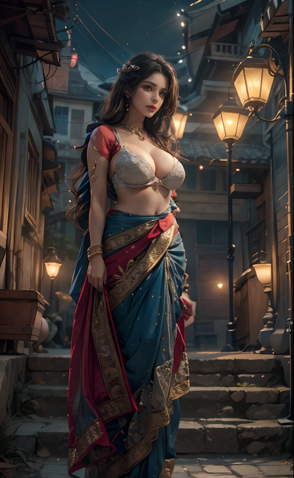 walking in a moonlit courtyard, exotic girl, indian, looking at the viewer, shining skin, perfect lighting, the embodiment of grace and elegance, (saree and bra), (Big Tits:1.5), cleavage, clear curvy details, beautiful curves, detailed eyes, detailed pupil, volumetric lighting, Ultra Detailed, unity 8k wallpaper, ultra detailed, aesthetic, masterpiece, best quality, photorealistic