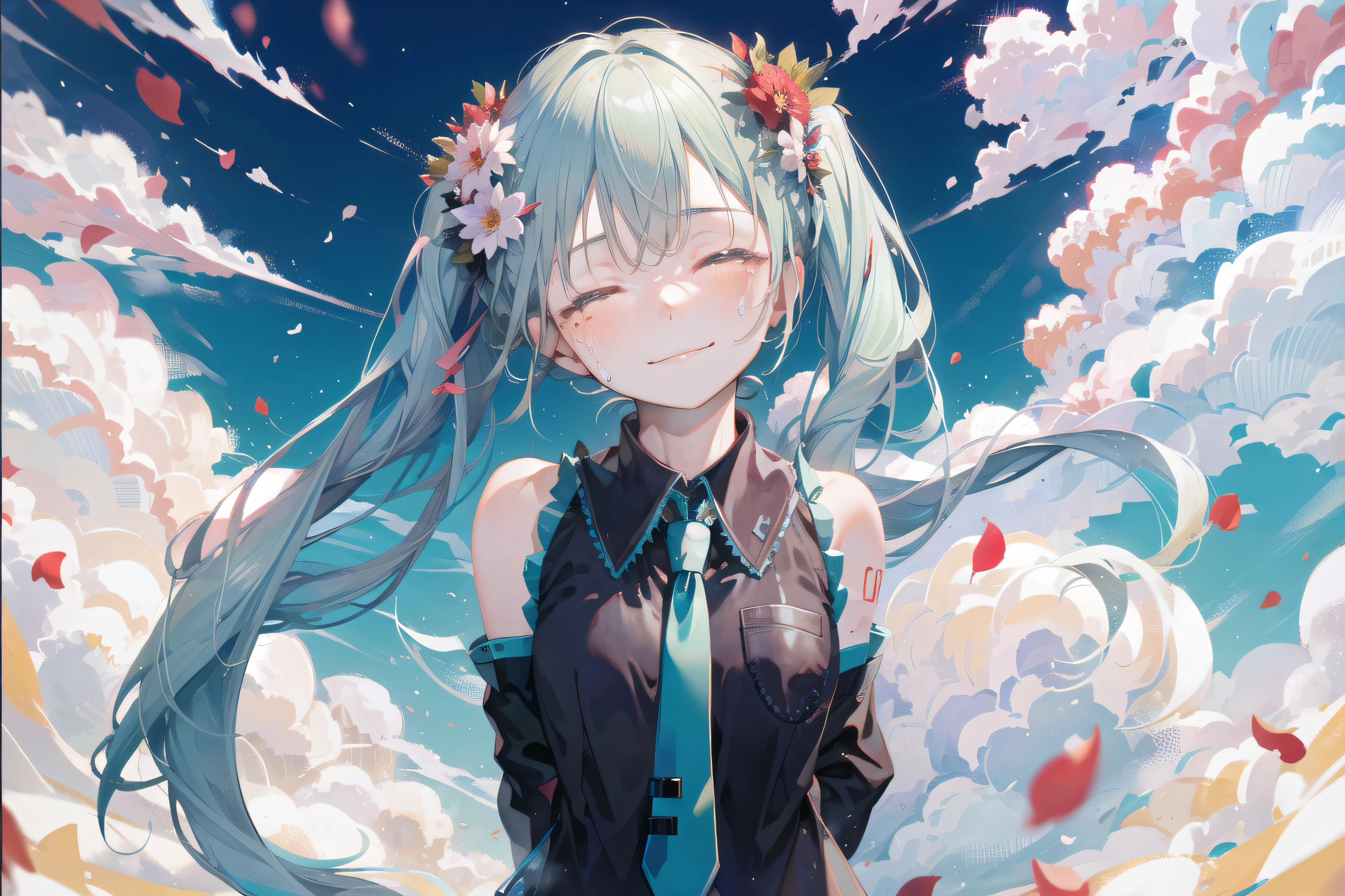 masterpiece, best quality, detailed, 1girl, hatsune miku, red flower, hair flower, petals, closed eyes, crying, smile, closed mouth, solo, clouds, ((arms behind back)), upper body,