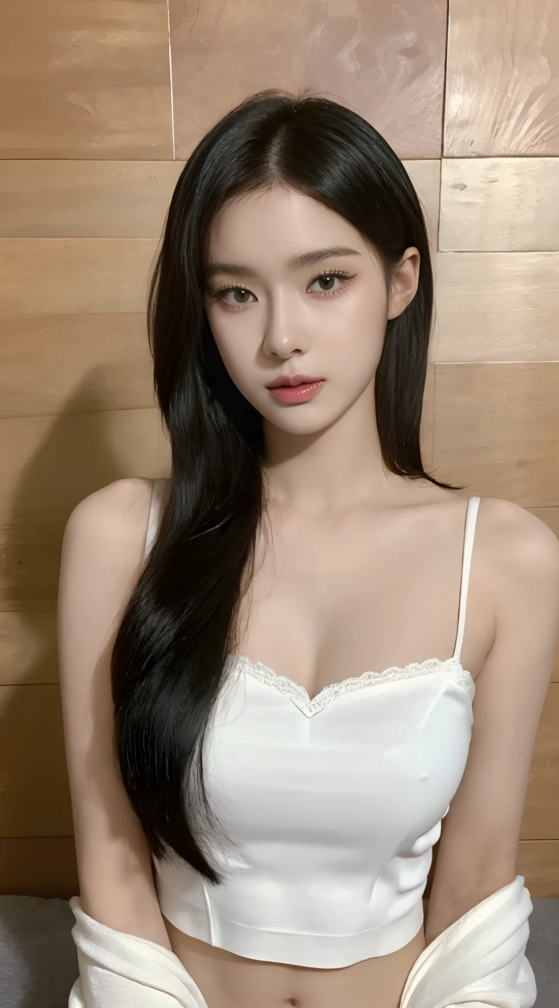 ((Top  Quality, 8K, Masterpiece: 1.3)), beauty, Hide Face, 1 Girl, beautiful: 1.3, Slim Abs: 1.1, Camisole, cleavage, Black Hair Long, (While Sitting on the Bed), Ultra detail face, Highly detailed lips, Detailed Eyes, Double eyelids, (17 Young:1.2)