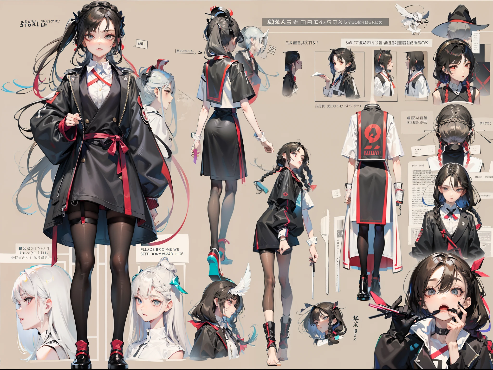 Long black hair,Thin stature,Shoelaces twisted braids,Long hair,Small face,emaciated,emaciated,Tall,adolable,The legs are very slender,Best quality at best,tmasterpiece,epic exquisite character art, Amazing characters,Modern trend theme,character design(reference sheet:1.5),Blackn clothes,black lence stockings,The barefoot