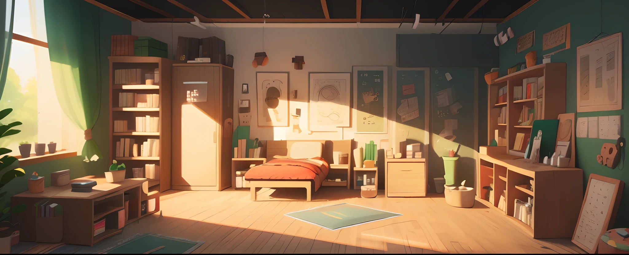 (tags: kindergarten, simple shadow, good details, window, simple shading, high quality, bookshelf, toy, opposite perspective)