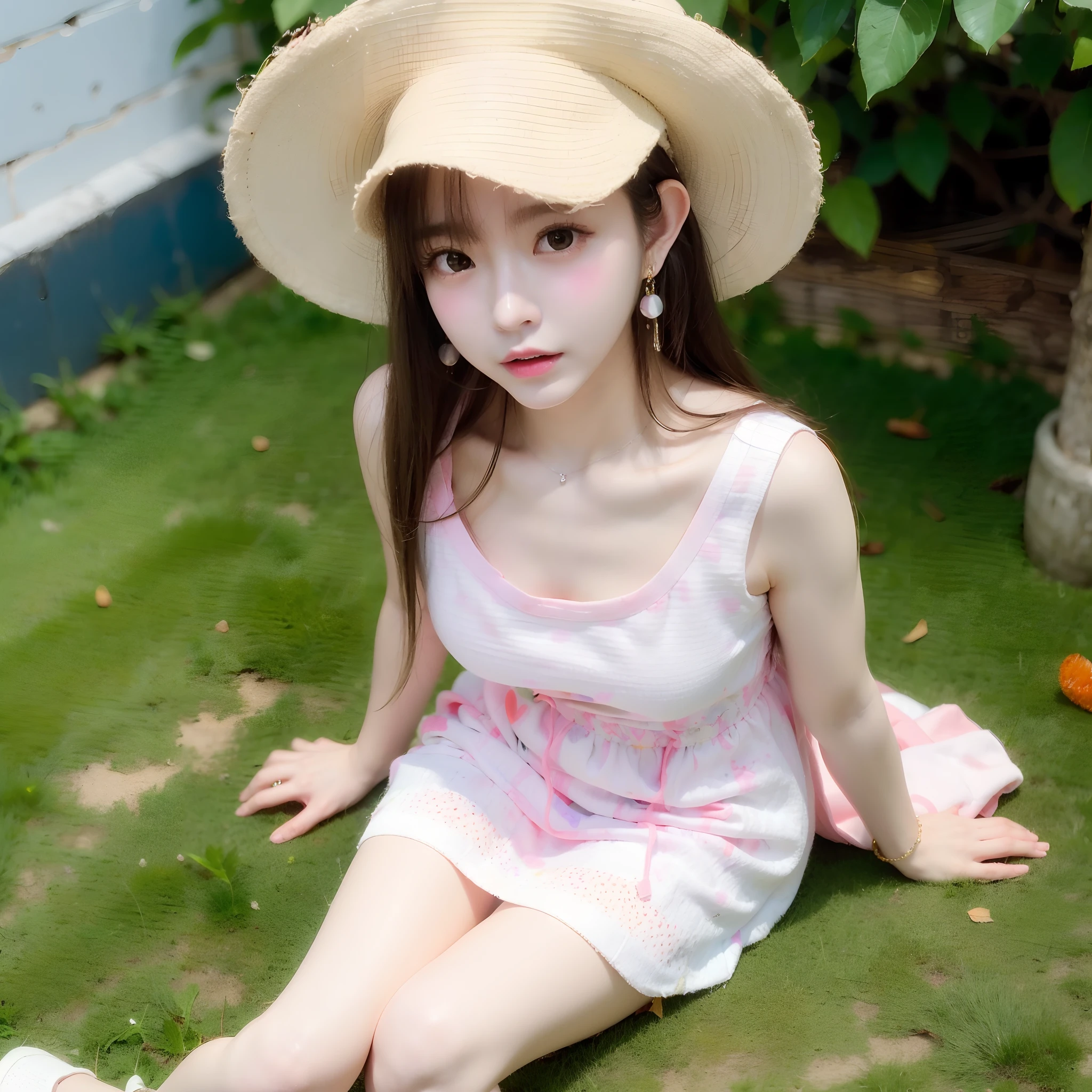 masterpiece, best quality,3girl,young girl, grapefruit eyes, ash blonde, long hair,unstable _face,shiny skin,flat chest,nice leg line:1.3,thick thighs, thin waist,, Red_polka_dot_wrap_dress, white_platform_espadrilles, woven_tote_bag, straw_hat, gold_hoop_earrings, cityscape,looking at viewer,from above:1.2,dynamic angle