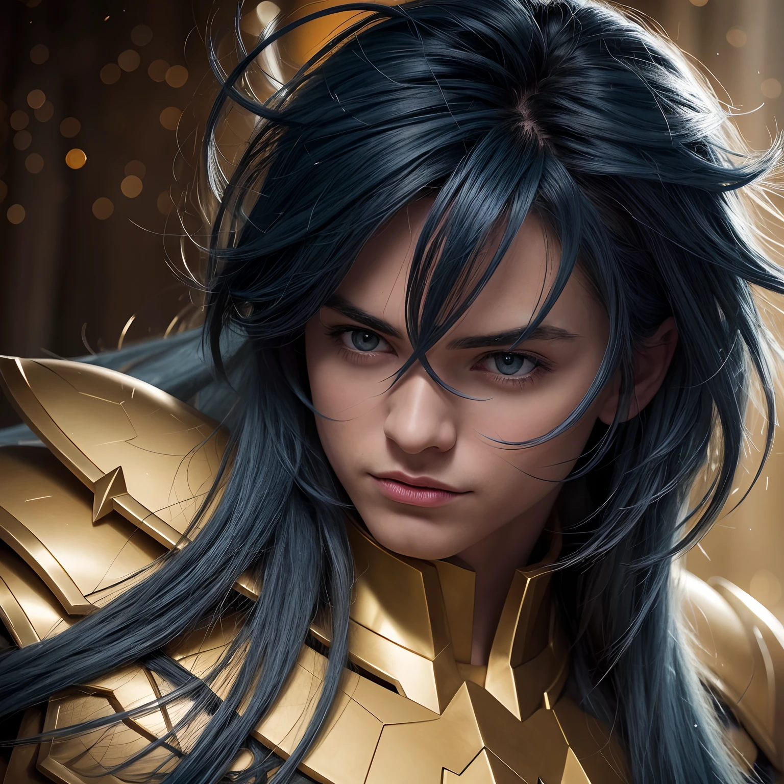 cinemactic, incrivelmente detalhado e ultrarrealista, Camus of Aquarrius Saint Seiya. Close up. He's wearing pretty realistic golden armor. Armadura dourada brilhante. Bright golden armor. Armadura com brilho natural. Octane is the perfect tool to capture the softest details of this 16k photography masterpiece. He is a handsome white man about ((40 years)) old. 1 homen. ((French man)). beautiful face. Rosto detalhado. Nariz bonito. Nariz fino e alongado. (Olhos azuis muito grandes). olhos perfeitos. ((depilado)). Strong expression. He has long (light blue) hair. messy hair with bangs. messy hair. Pelas de rosas flutuando em torno ele. Landscape starry sky.