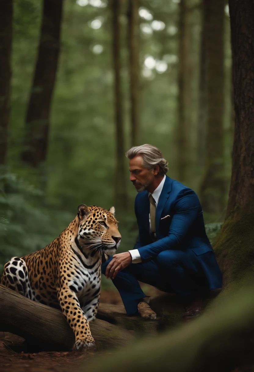50-year-old man, Caucasian man in pinstriped suit entangled legs in the middle of the forest、Sitting with hands on a jaguar