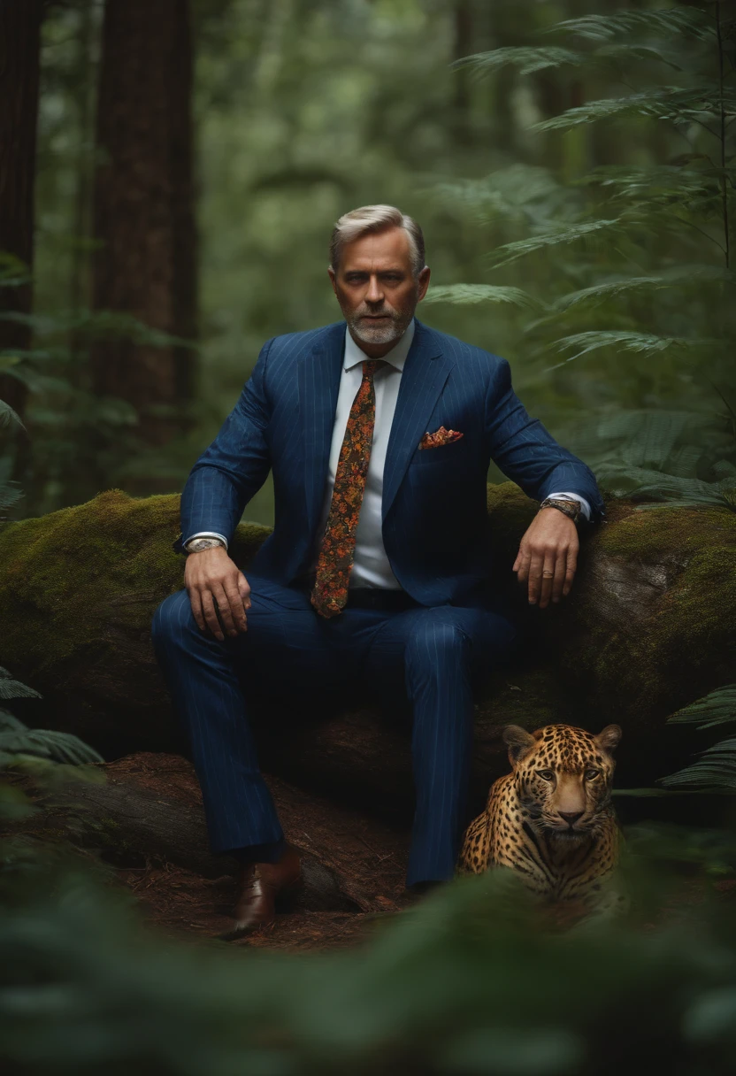 50-year-old man, Caucasian man in pinstriped suit entangled legs in the middle of the forest、Sitting with hands on a jaguar