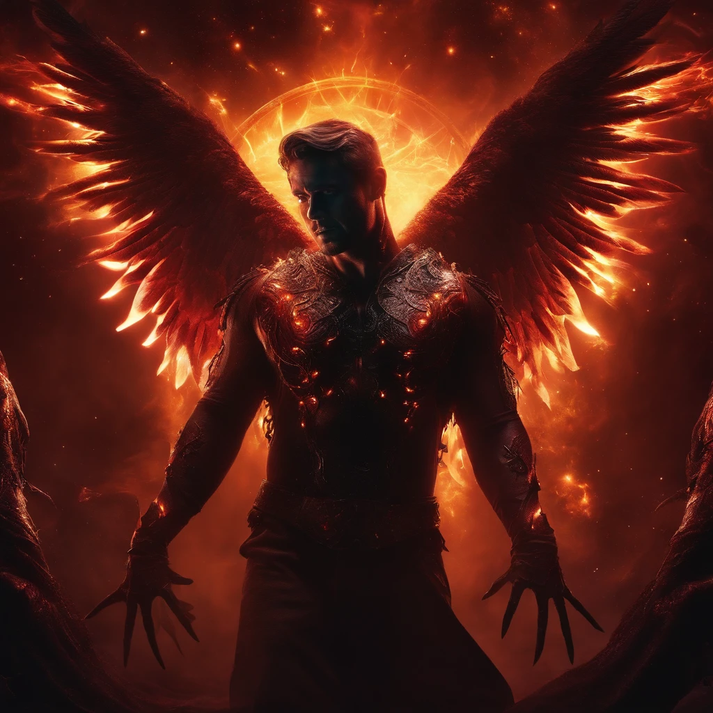 sexy Cosmic Fallen Angel, exposed cleavage, glowing light eyes, Biomechanical, eerie, Creepy, nightmarish, Very bright colors, Light particles, with light glowing, Mshiv, wallpaper art, UHD wallpaper, surrounded by sexy male demons