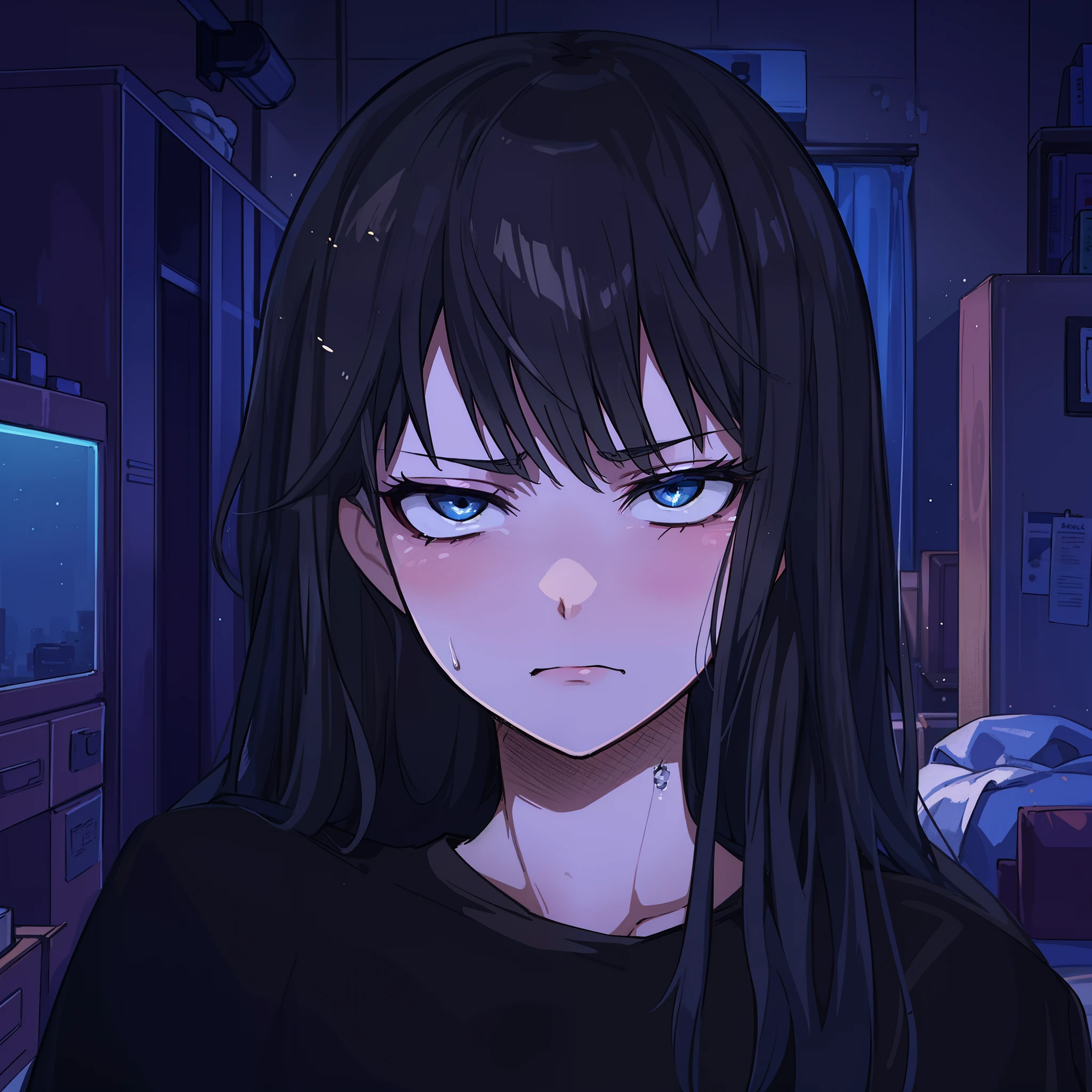 hiquality, tmasterpiece (one girls) Sullen face. cold gaze. dark colored hair. gray eyes. Dark sweater. Against the background of the conmata.