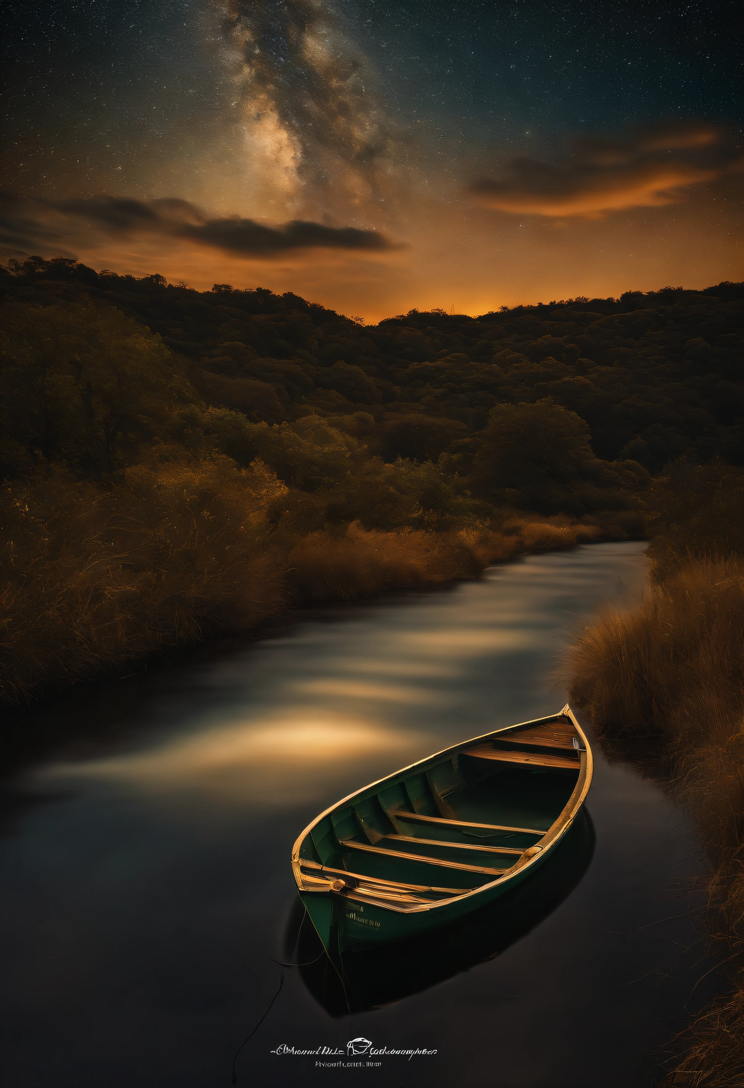 The boat goes back and forth quietly,The coast of Mades,night under the starry sky,Give it to Van Gogh to ignite,The dream is too short-lived,Shouted from the Munk Bridge, hight contrast, back lit lighting, florals, glittery, color difference, foco nítido, original color photo
