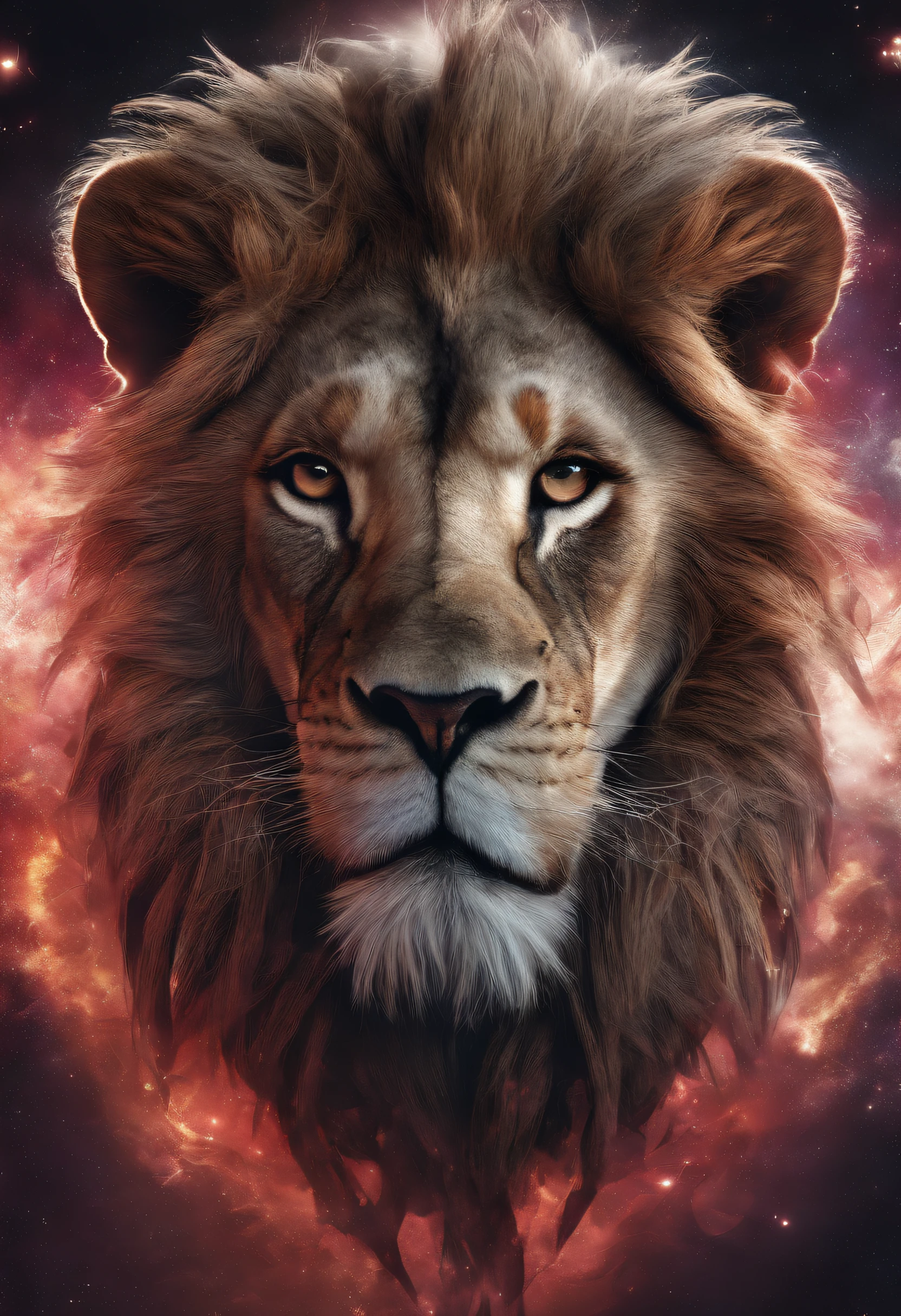 a photograph Galaxies, espirais, outer space, Nebulosas, estrelas, smoke billowing,espatacular imagem, detalhe intrincado, in the form of a lion, octane rendering, 8k hiper realista, Textura realista, Unreal Natural Lighting Engine, cinestill 800, (mola a 35mm | |) the lion with a large crown of thorns , uma cruz ao fundo da imagem