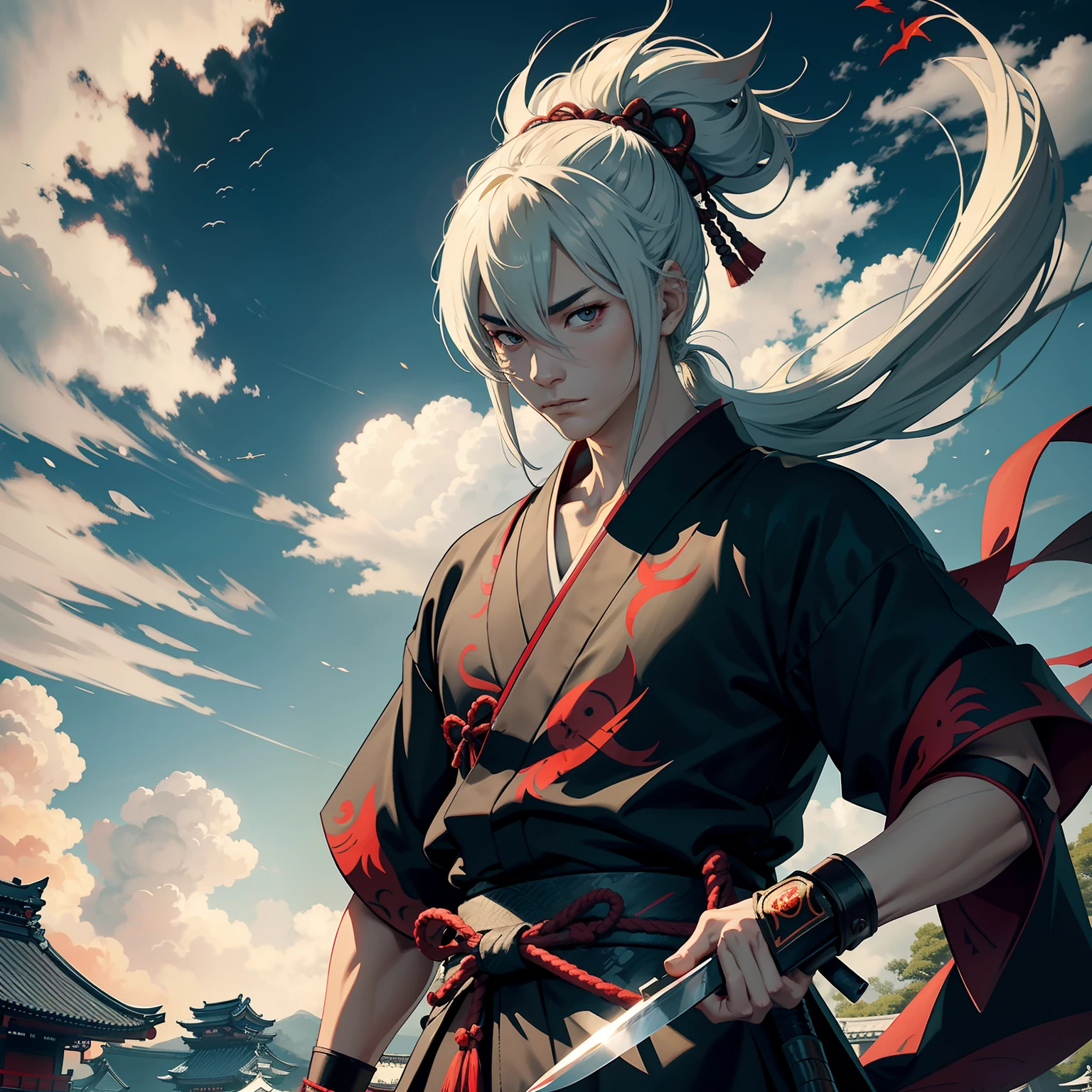 （They are samurai），（Wearing a demon mask），Solo，upper body ，（long armament, sharp knife），magnificent artwork，（（Kyoto panel painting style）），Wind-effect：1.9，Cloud Effect：1.2，Full Rendering，Caustic soda coating