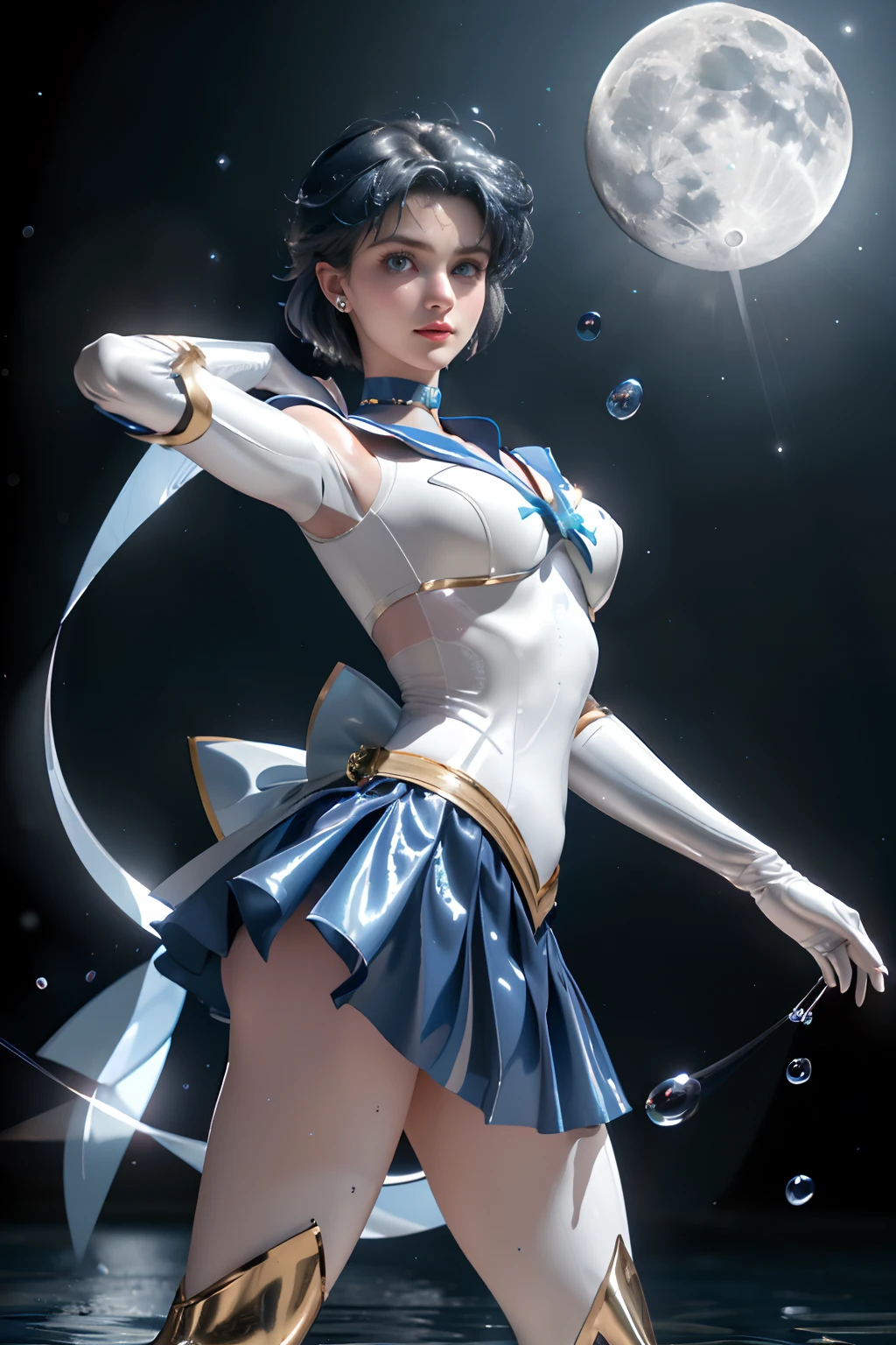 full: 1.3, to stand, masutepiece, 3D, Realistic, Ultra Micro Photography, of the highest quality, Ultra detailed CG Unity 8K wallpaper, (Mer1, tiarra, Sailor Senshi Uniform, White Gloves, blue sailor collar, Blue skirt, Sailor Senshi Uniform: 1.2, Sailor Mercury: 1.3, meishaonv), From below, Intricate details, (1 woman), 19 years old, Short hair, Floating short blue hair: 1.2, Sailor Senshi uniform revealed, Shiny Blue Color Sexy Pleated Ultra Mini Skirt: 1.3, ((very large blue-colored bow in the center of the chest,,,: 1.3, Golden tiara on the forehead: 1.2, Blue gloves on the elbows: 1.2, Bare upper arms: 1.1, Long knee high boots in shiny blue enamel、Luxurious gold decoration: 1.3, Saturated wide blue color, Saturated Blue Sailor Color, Long white latex gloves with luxurious gold decoration: 1.3, very large blue bow behind the waist,,,: 1.1, Blue choker, Cleavage looks sexily boldly big: 0.6)), (Very thin and fitting high gloss white holographic leather: 1.3), White Silver High Leg Cut Swimsuit,Blue star-shaped earrings, Parted bangs, ((Seductive smile, Very pretty face, Face Details: 1.5, Bright blue eyes, Beautiful face, Beautiful eyes, shiny eyes, thin lips: 1.3, thin and sharp pale eyebrows, long dark eyelashes, Double eyelashes)), Luxurious Golden Jewelry, ((Combat stance)), Huge splash wing, thin and muscular muscles, Muscular abs, a small face, huge-breasted, Perfect proportions, thin waist, SEXY Model Pose, Visible Pore, Perfect hands: 1.5, Octane Rendering, highly dramatic picture, Strong natural light, Sunlight, exquisite lighting and shadow, Dynamic Angle, DSLR Harp, Focus: 1.0, Maximum clarity and sharpness, (The divinity of water: 1.1, Splash space background, Dynamic water background, Water on Earth: 1.2, Water hair, water bubbles, Dynamic Frames, mercury, Moonlight, Moon, dynamic background, Detail Background)),(mecha musume)