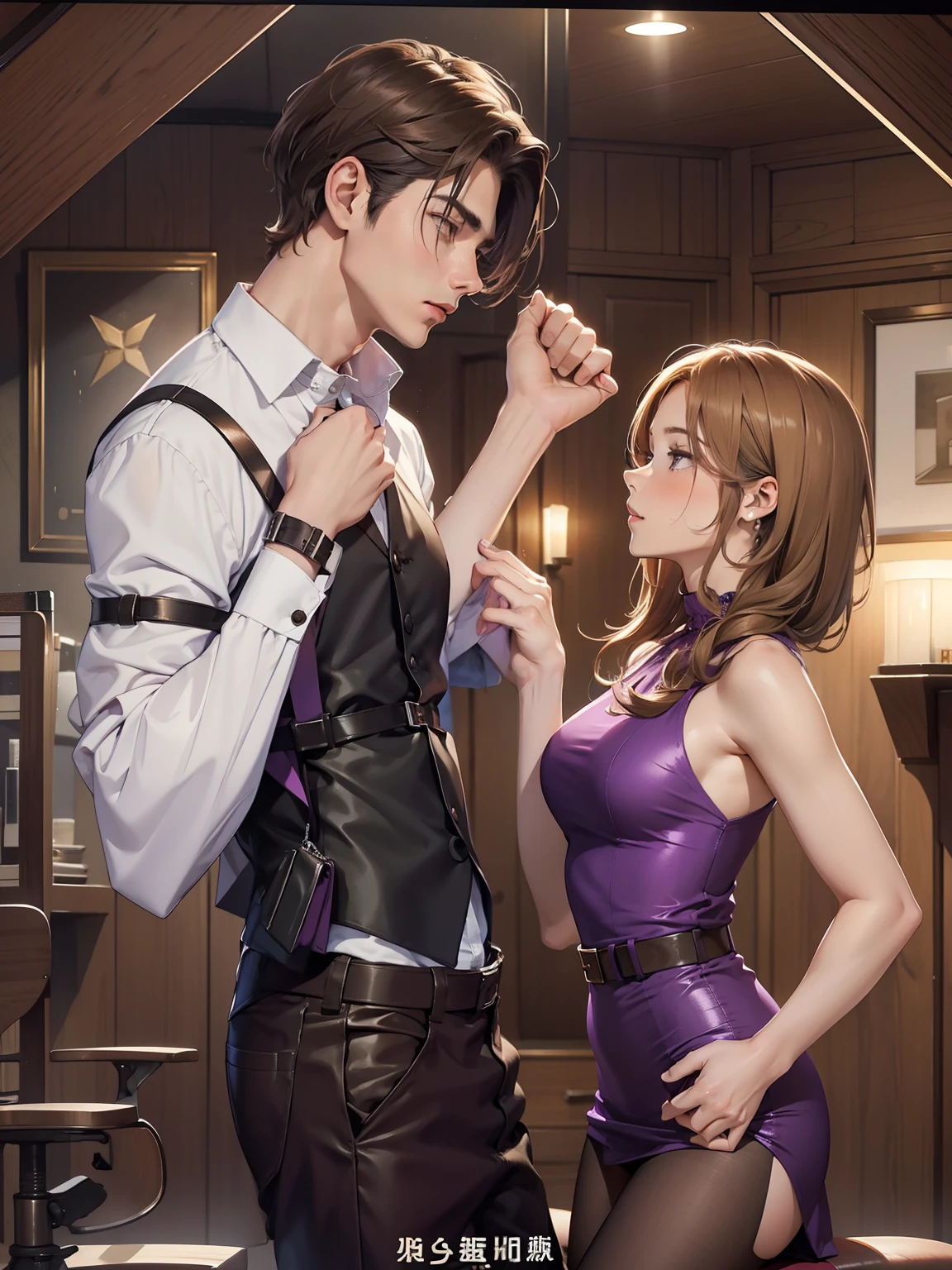 top-quality, masterpiece, Male and female couples　Girl sitting on a chair wearing a tight skirt over a blouse。Boys hugging each other from behind, The woman's hair is long and light brown, her dress is purple, high detailed, high quality