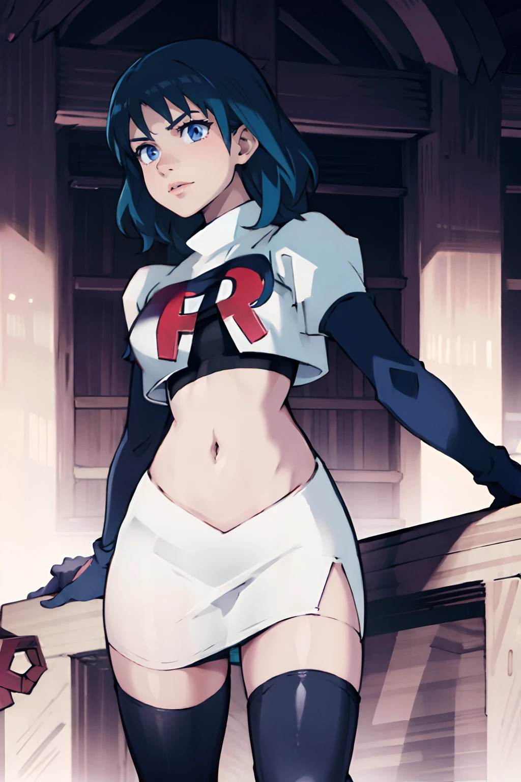fembyleth, team rocket,team rocket uniform, red letter R, white skirt,white crop top,black thigh-highs,black elbow gloves
