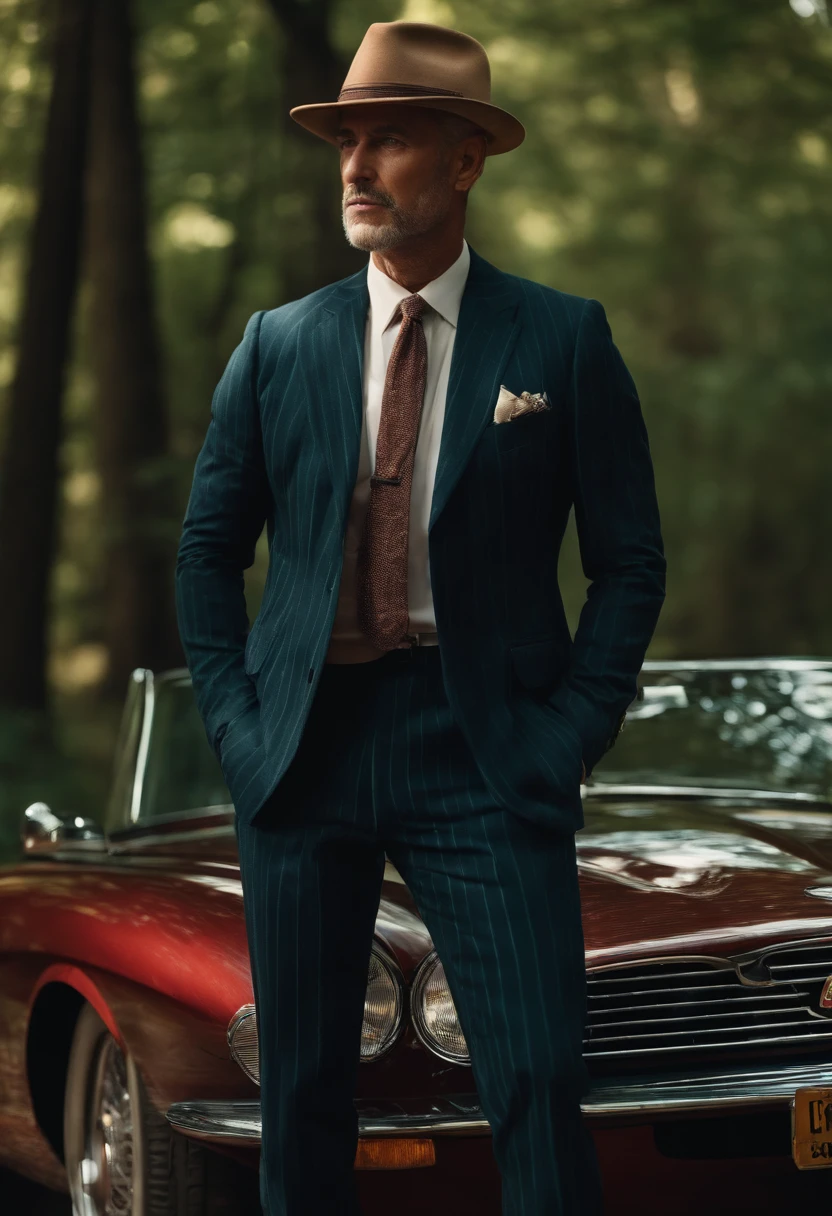 50-year-old man, Caucasian man in pinstriped suit wearing Borsalino in the middle of the forest、Standing with hands on a jaguar