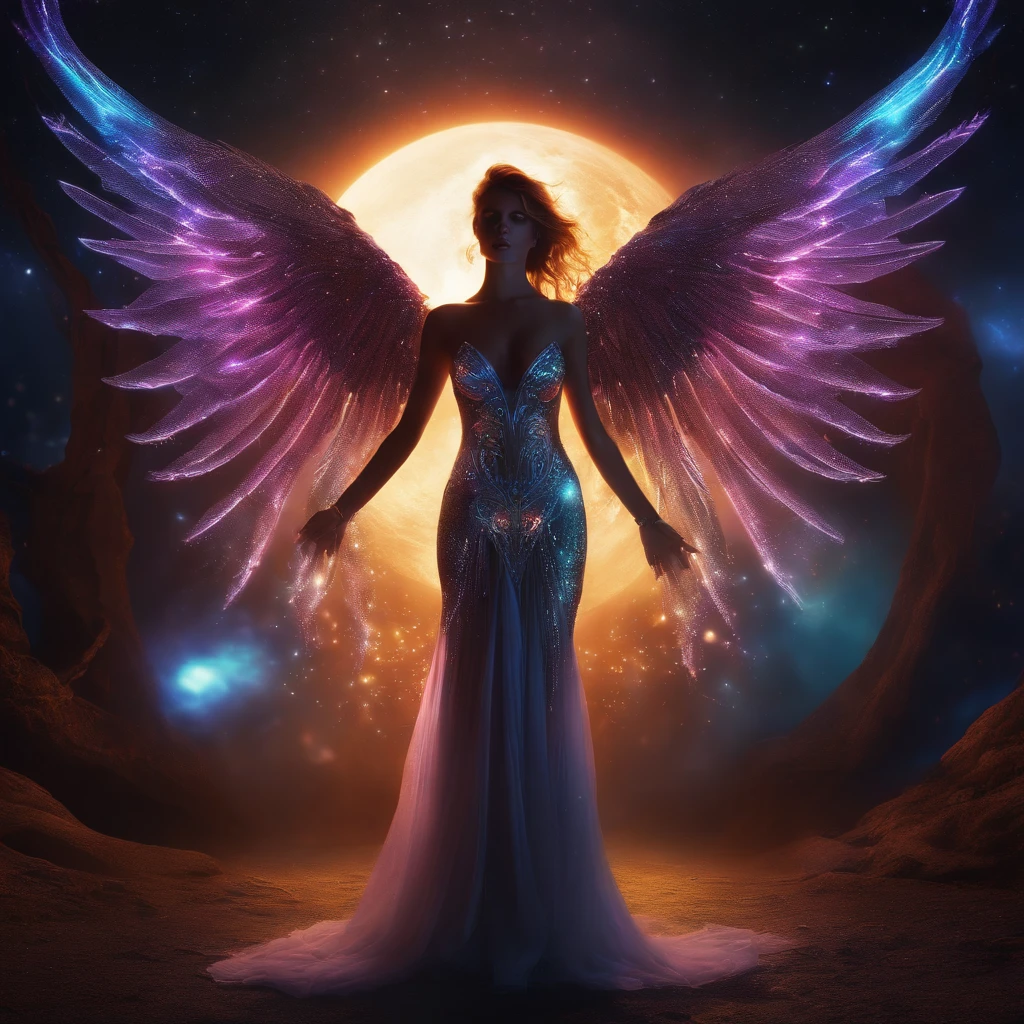 sexy female Cosmic Fallen Angel, glowing light eyes, cleavage, sexy cosmic gown, Biomechanical, eerie, Creepy, nightmarish, Very bright colors, Light particles, with light glowing, Mshiv, wallpaper art, UHD wallpaper, surrounded by many demons in the distance