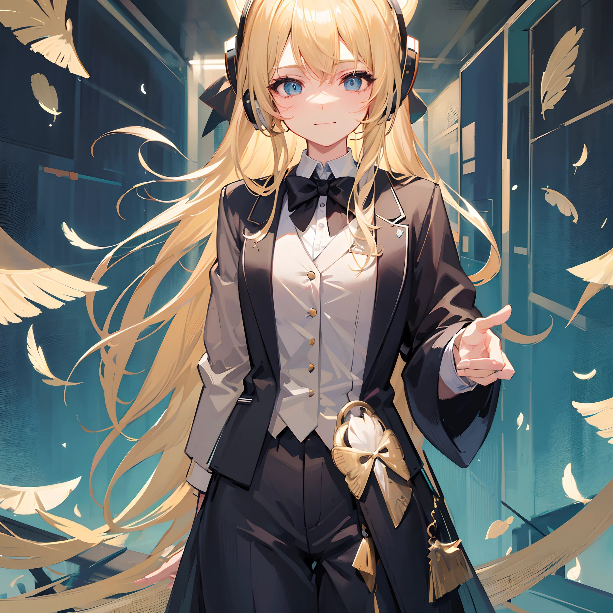 18-year-old blonde girl, Turquoise eyes, Double tail feathers,Two black bow ties..... Wear a black work suit.... .Black Eyes With headphones. .With a slightly smiling face..................