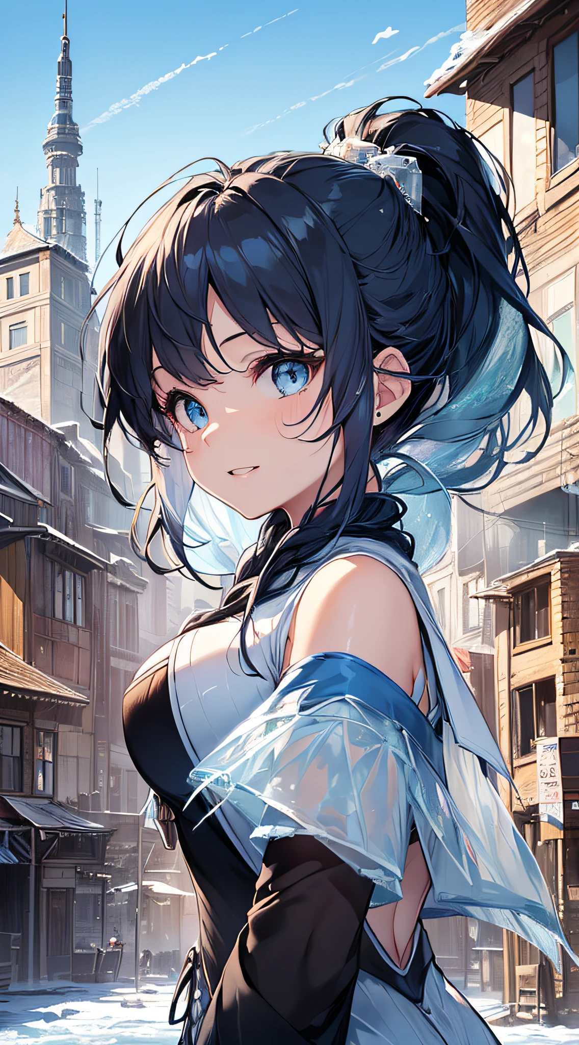 top-quality、Top image quality、masterpiece、girl with((cute little、18year old、Best Bust、Medium bust、Bust 85,Beautiful blue eyes、Breasts wide open,Ponytail with black hair、A slender、Blue hair mesh、White sailor suit、falda corta,Laugh))hiquality、Beautiful Art、Background with((White blue sky、Frozen town、Frozen buildings、Freezing tower)),masutepiece、Elaborate design、visualart、depth of fields、The best lighting、highestdetailed、8k
