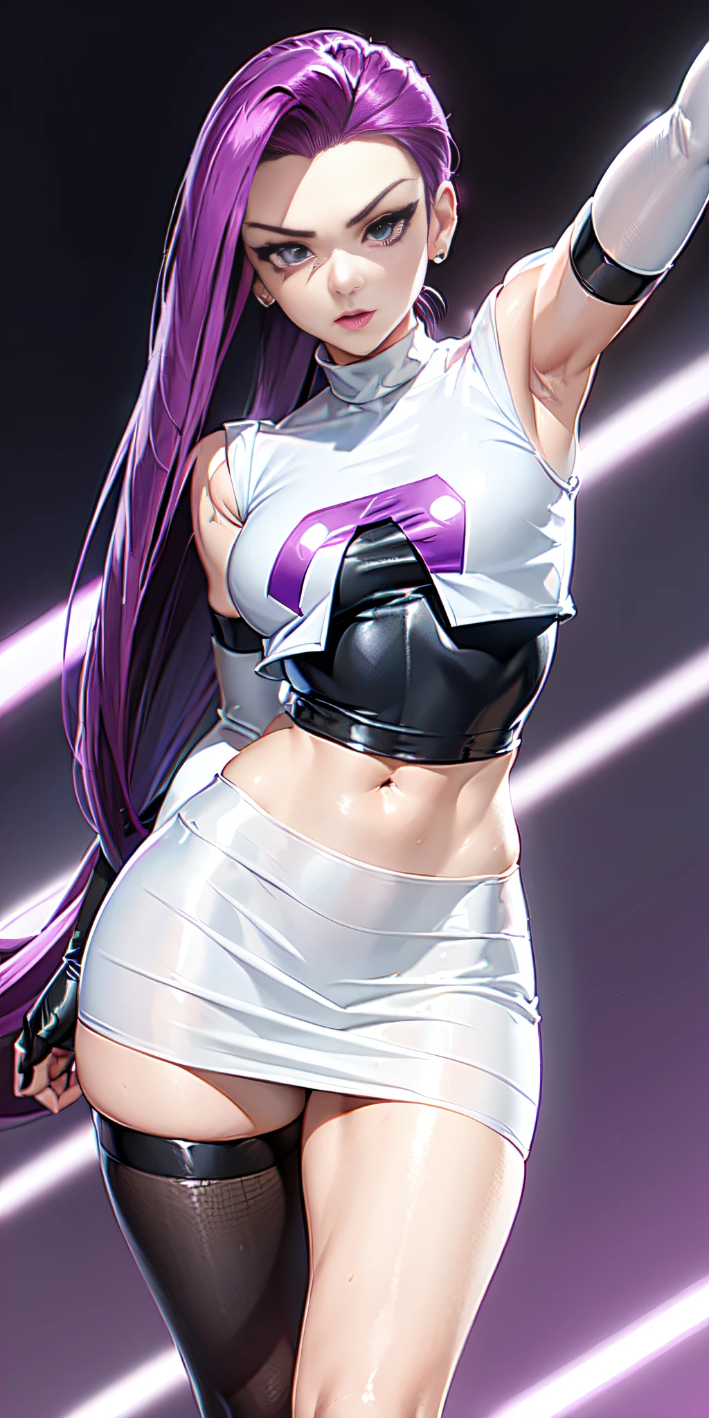 Jessie pokemon, ((seductive expression)), slicked back hair, Long hair, purple hair, blue eyes, Team Rocket, ((700% transparent silk Team Rocket Uniform)), ((15% white skirt, 15% Crop Top)), thighs high,elbow gloves
