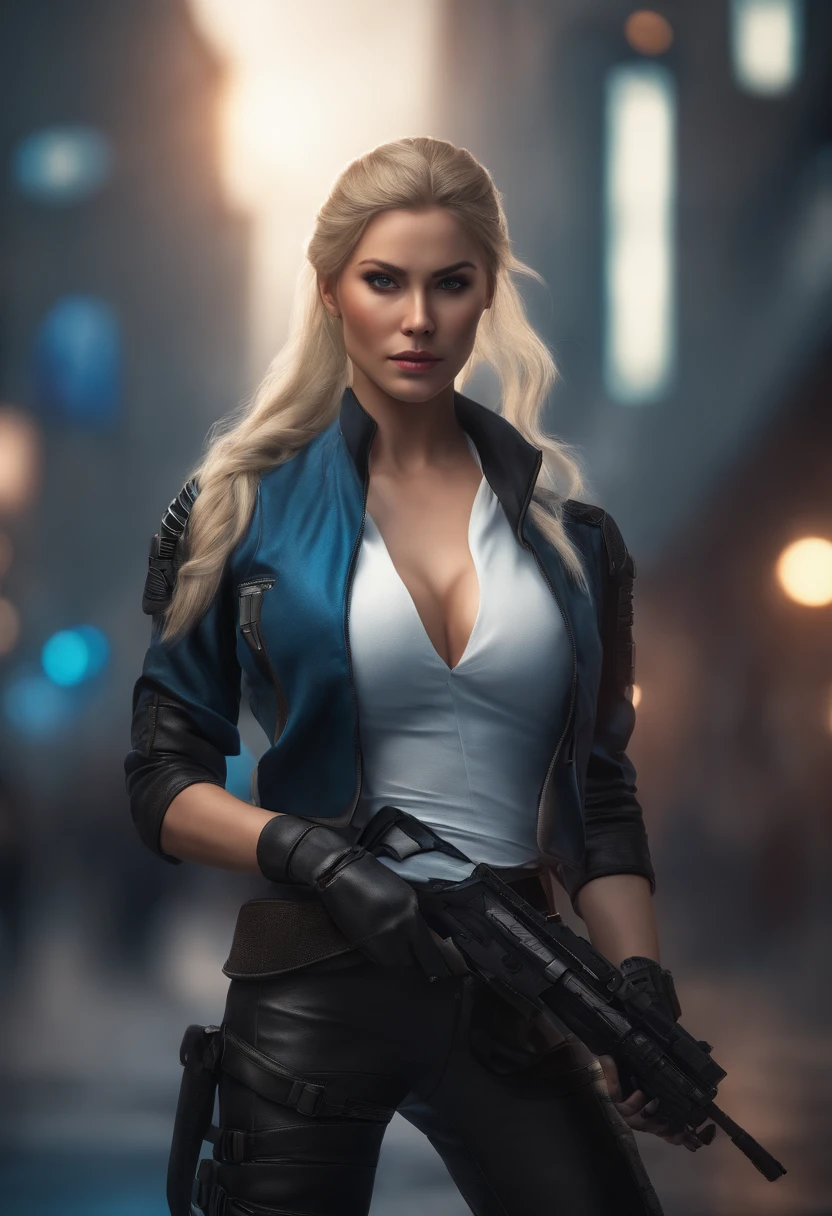 (masterpiece, best quality, 8k, sharp focus, depth of field, best shadows, perfect lights, HDR, realistic skin texture, hyper detailed background), solo, 1 woman, she is a mercenary, (blue eyes, white skin, blonde hair with ponytail, choker, large breasts, slim, makeup, Eyeliner, gloss), she is doing a job on a futuristic korean city, holding a Tech-katana with a strong grip, night, sky, waning moon, wearing a nice tech-jacket and leather pants.