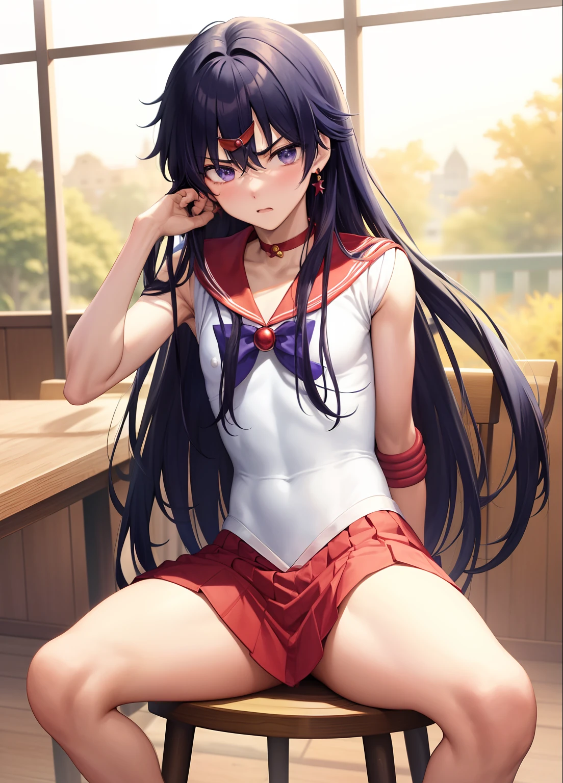 Anime Boy、Cool Junior High School Boy、Have a subtle facial expression、Sailor Senshi Uniform、Sailor Mars、gender change、gender change(Girls to boys)、Red sailor collar、Rei Hino、solo、耳?????? Ring、jewelry、Boy with very long black hair、White leotard、highleg leotard、robe blanche、white glove、elbowgloves、Boy sitting on chair、indoors、castle、a red choker、Blue ribbon on chest、Magical Boy、blush、a red skirt、skirt、Boy with Purple Eyes、Bare shoulders、bare legs、circlet、bow、back_bow、pleatedskirt、a miniskirt、rating:questionable、