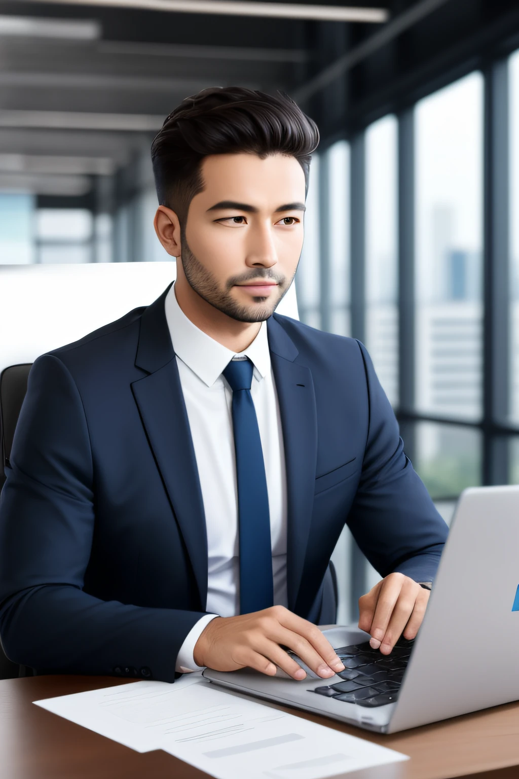 Businessman sitting and checking email on laptop, (papel de parede CG unity 8k extremamente detalhado), Business, olhando para frente, foco nítido, sem fundo, 8k