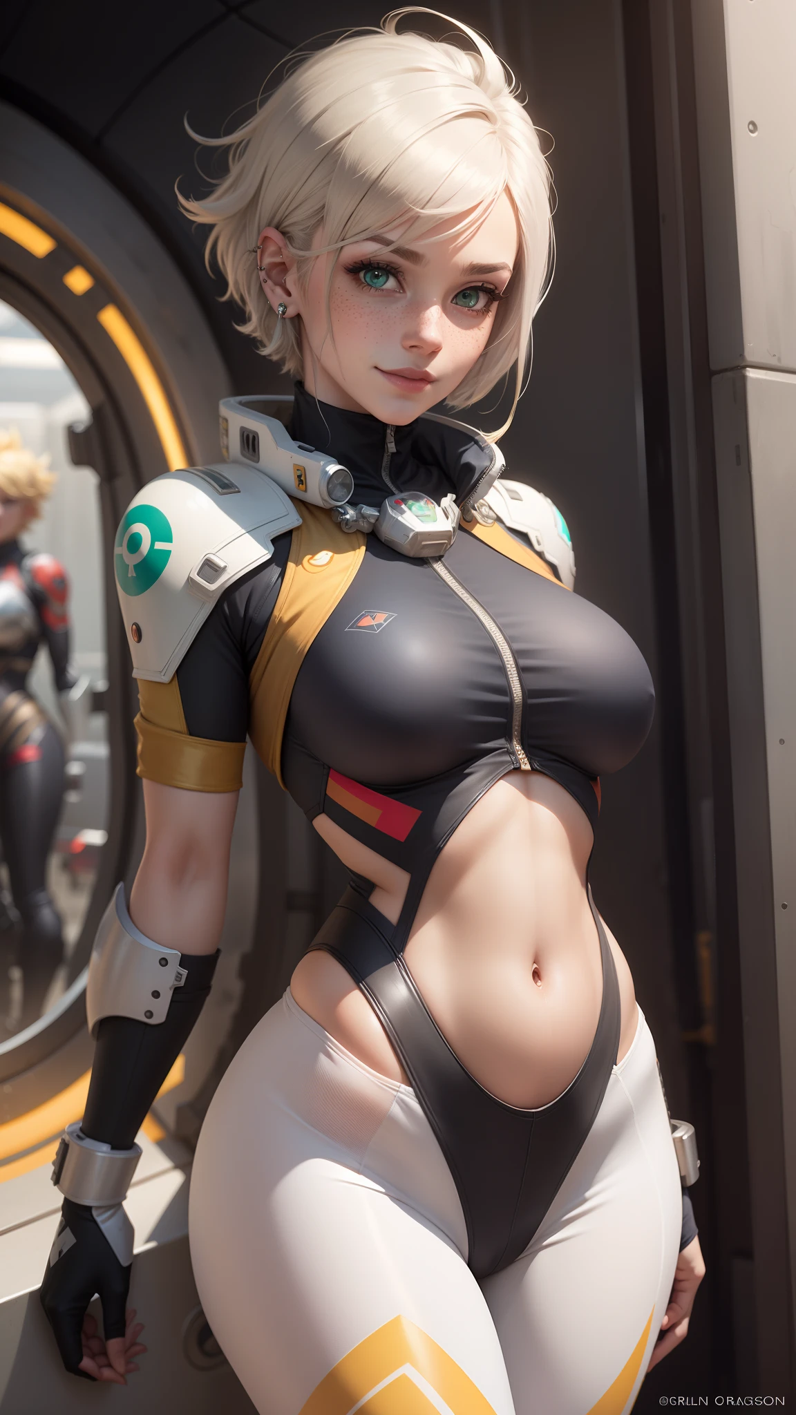 gwen tennyson,tracer,powergirl,ryuuko matoi,y'shtola rhul,close up,atelier ryza,overwatch,mecha pilot,space port,tattoos,orange and silver plugsuit, white short sleeve lycra top,steel leggings,uncovered belly,short hair,cute makeup,green eyes,dimensional golden hair,shy smile,freckles,beautiful girl,large breasts,8k,ultra detailed,realistic,fantasy art,saiyan armor,cyborg armor,steel armor,space ship,military uniform,ear piercings,hair pin,super saiyan girl,saiyan female,pilot jacket,