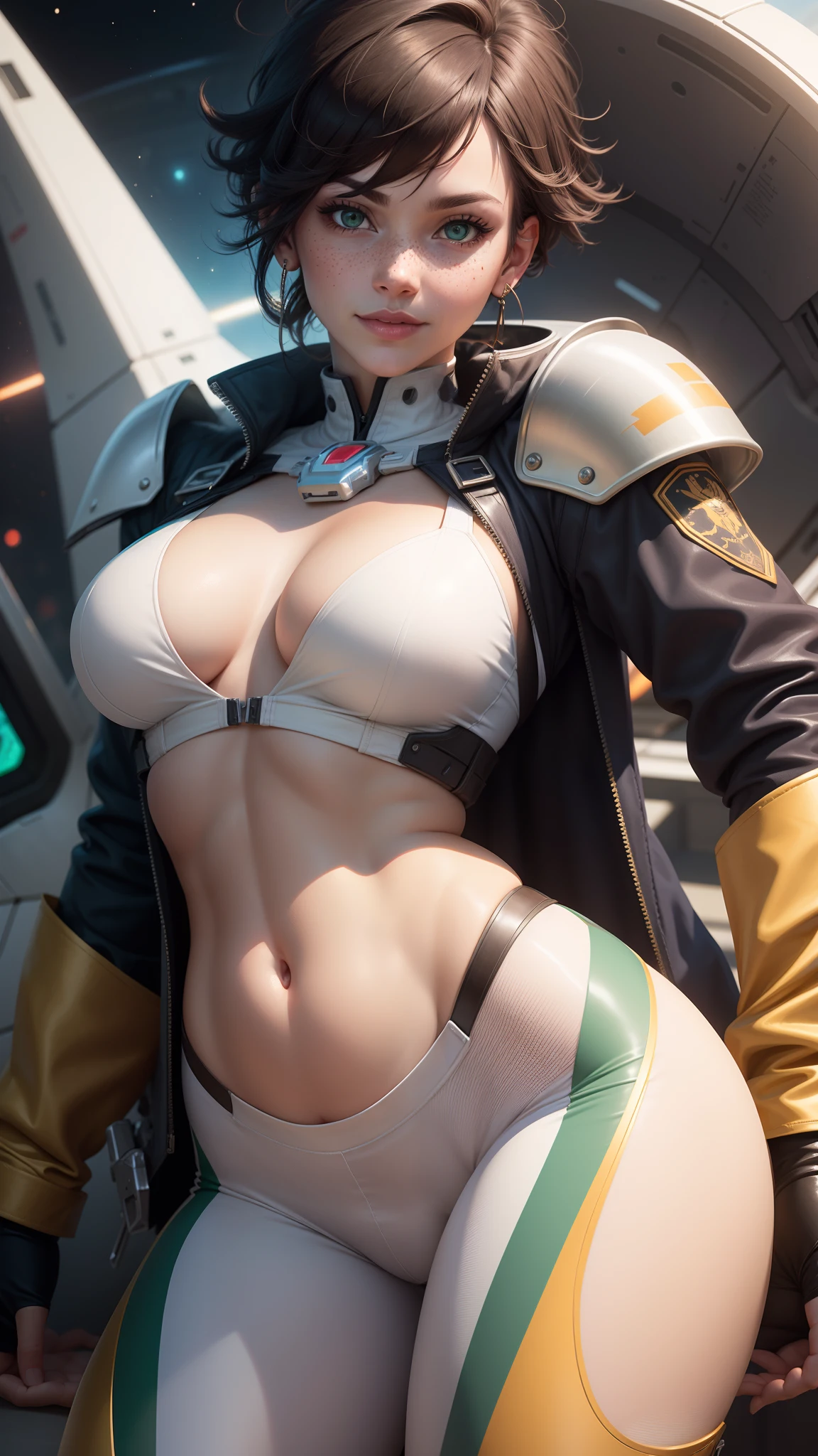 gwen tennyson,tracer,powergirl,ryuuko matoi,y'shtola rhul,close up,atelier ryza,overwatch,mecha pilot,space port,tattoos,orange and silver plugsuit, white short sleeve lycra top,steel leggings,uncovered belly,short hair,cute makeup,green eyes,dimensional golden hair,shy smile,freckles,beautiful girl,large breasts,8k,ultra detailed,realistic,fantasy art,saiyan armor,cyborg armor,steel armor,space ship,military uniform,ear piercings,hair pin,super saiyan girl,saiyan female,pilot jacket,